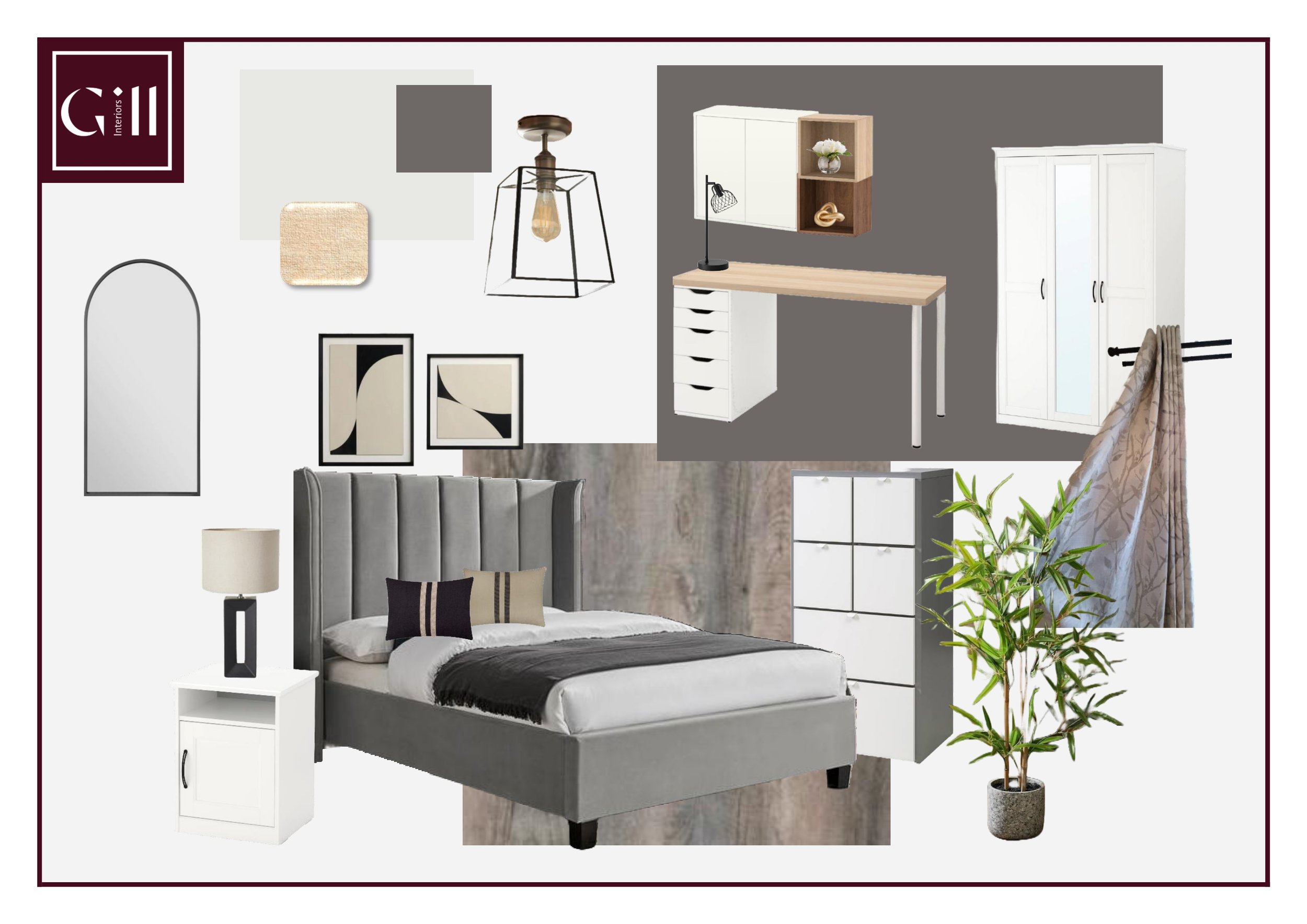 Collage of bedroom furniture and decor, including a bed with gray headboard and pillows, nightstand with lamp, dresser, wardrobe, wall art, mirror, desk, shelving units, and a potted plant, all in neutral and gray tones.