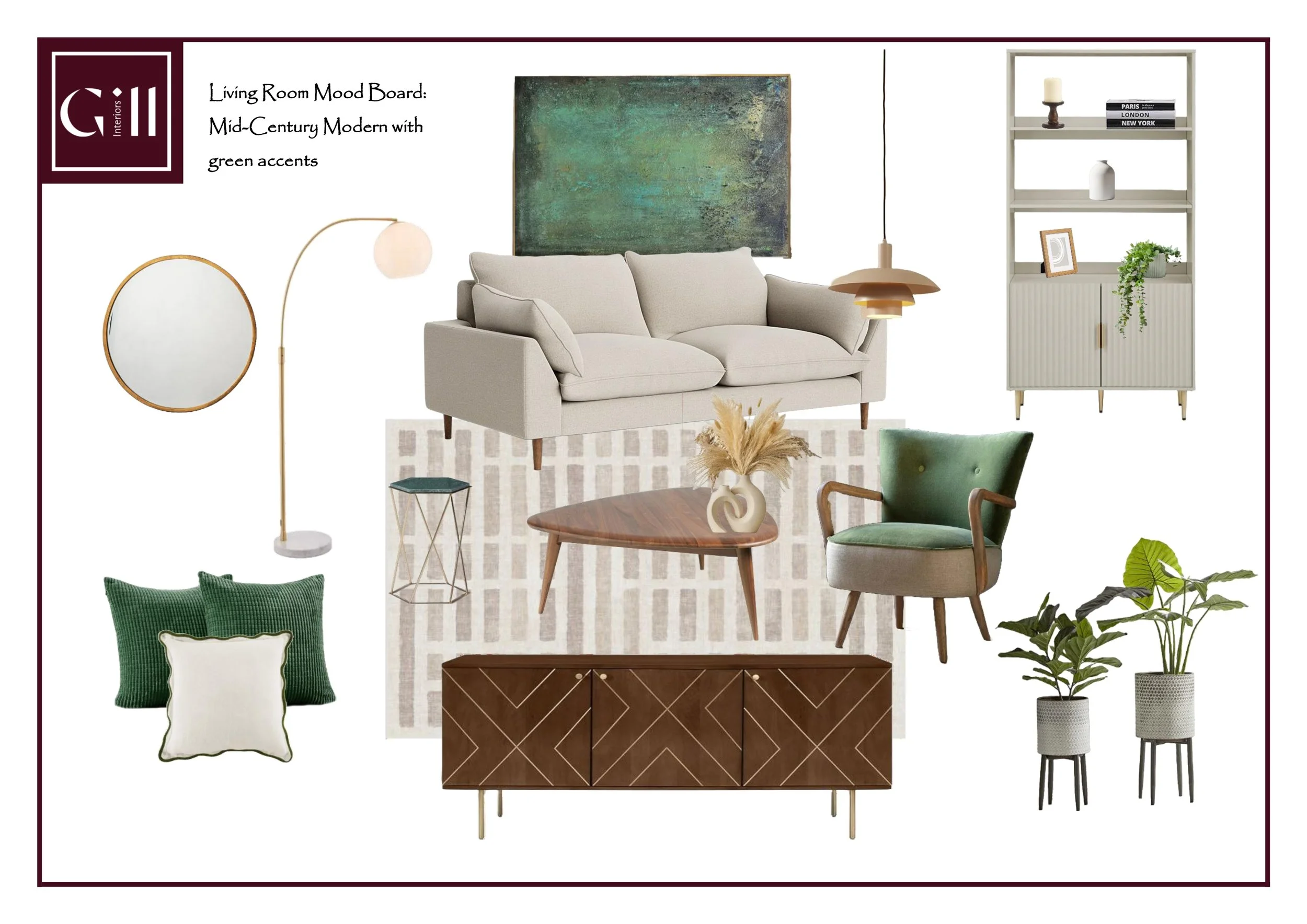 Living room mood board with mid-century modern style and green accents. Includes a beige sofa, green armchair, wooden coffee table, side table, and vase with pampas grass. Decor features a large abstract green painting, round mirror, floor lamp, pendant light, white bookshelf with decorative items, and potted plants. Text indicates the style as "Mid-Century Modern with green accents."