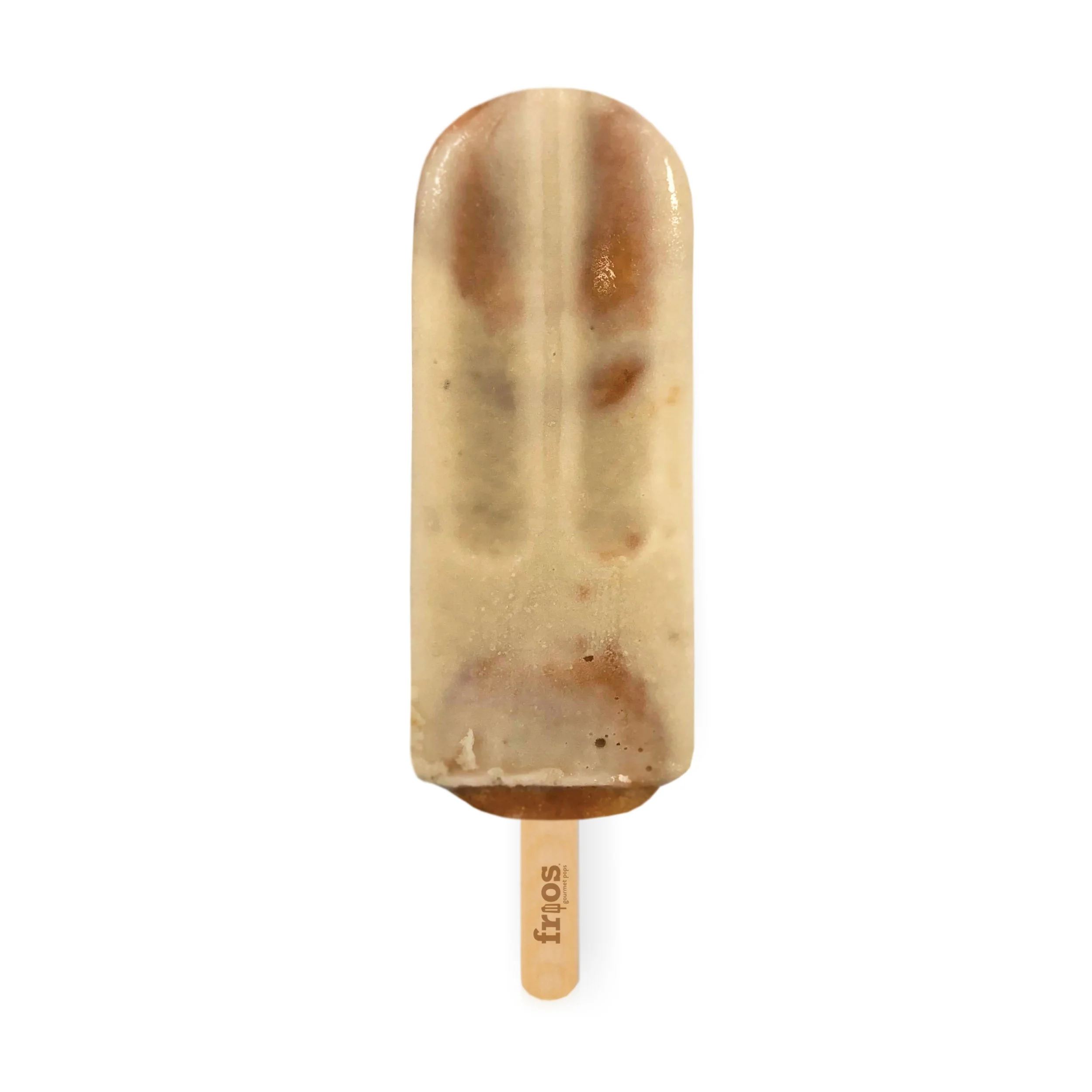 A beige ice cream popsicle with brown spots, on a light wooden stick with the brand name 'frios' printed on it, against a white background.