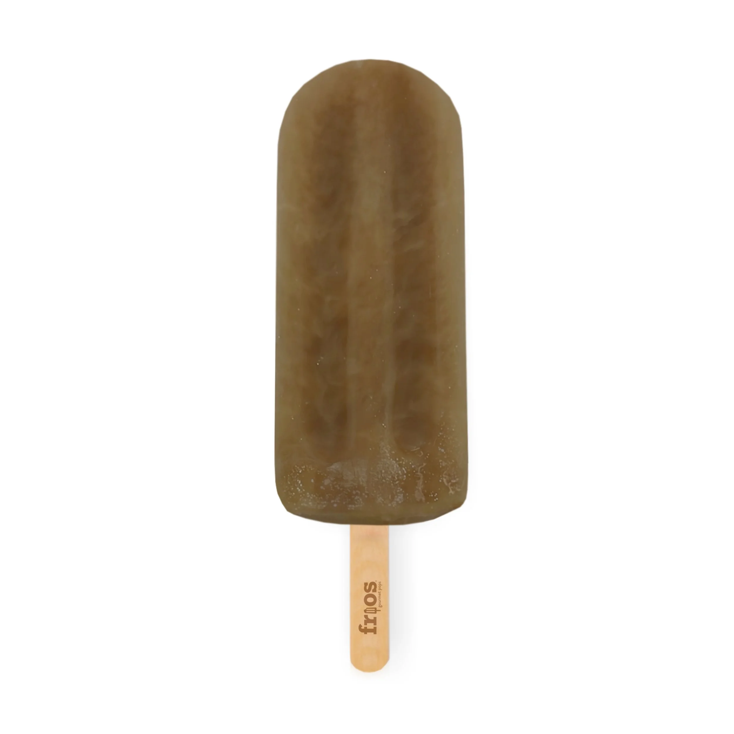 A caramel ice cream popsicle on a wooden stick with the brand name 'fros' visible.
