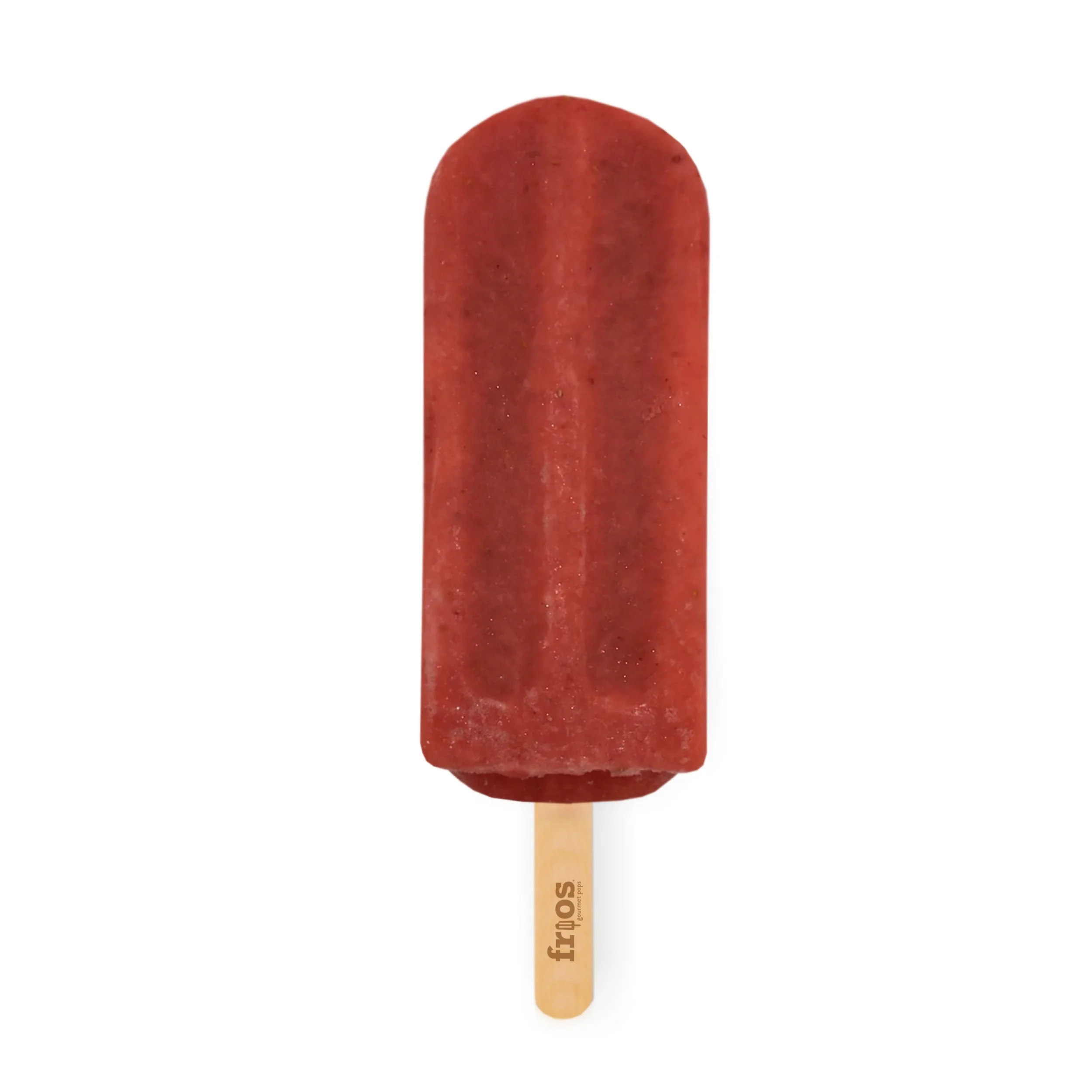 Red-colored popsicle on a wooden stick with the brand name "Frios" printed on it, against a white background.