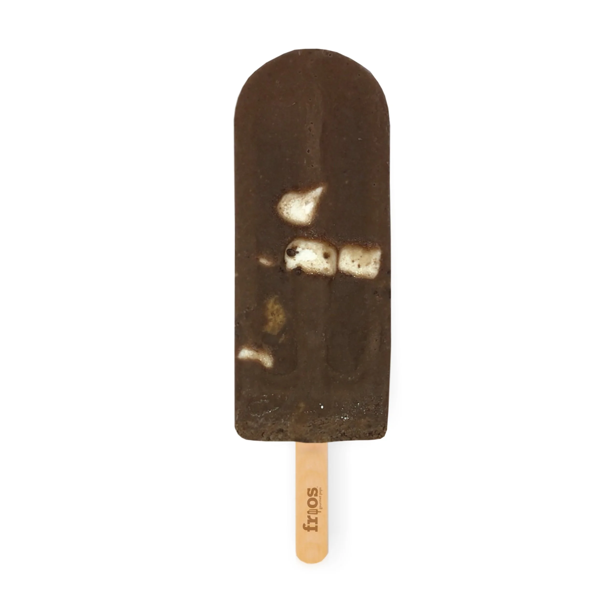 Chocolate popsicle with visible marshmallows inside on a wooden stick.