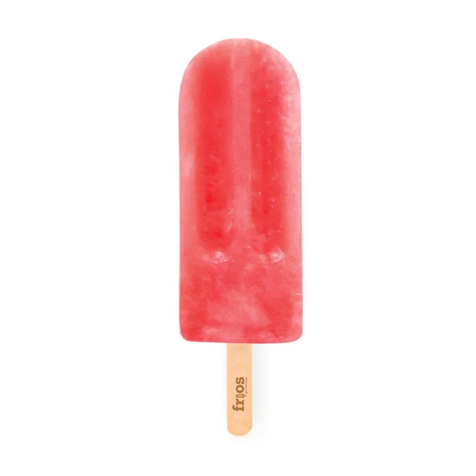 Red popsicle on a wooden stick with white background.