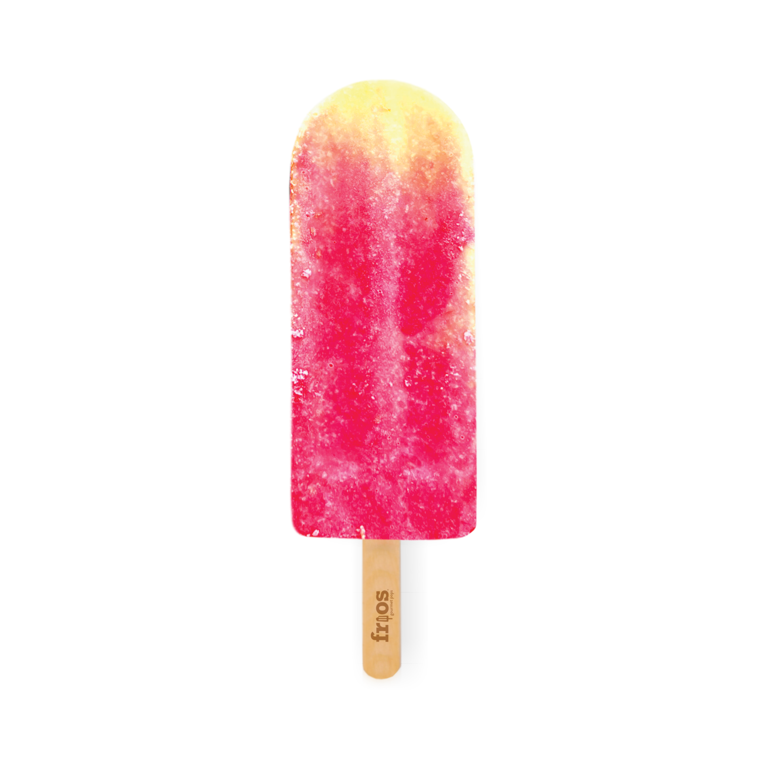 A pink and yellow popsicle on a wooden stick with the brand name 'Frost' printed on it.