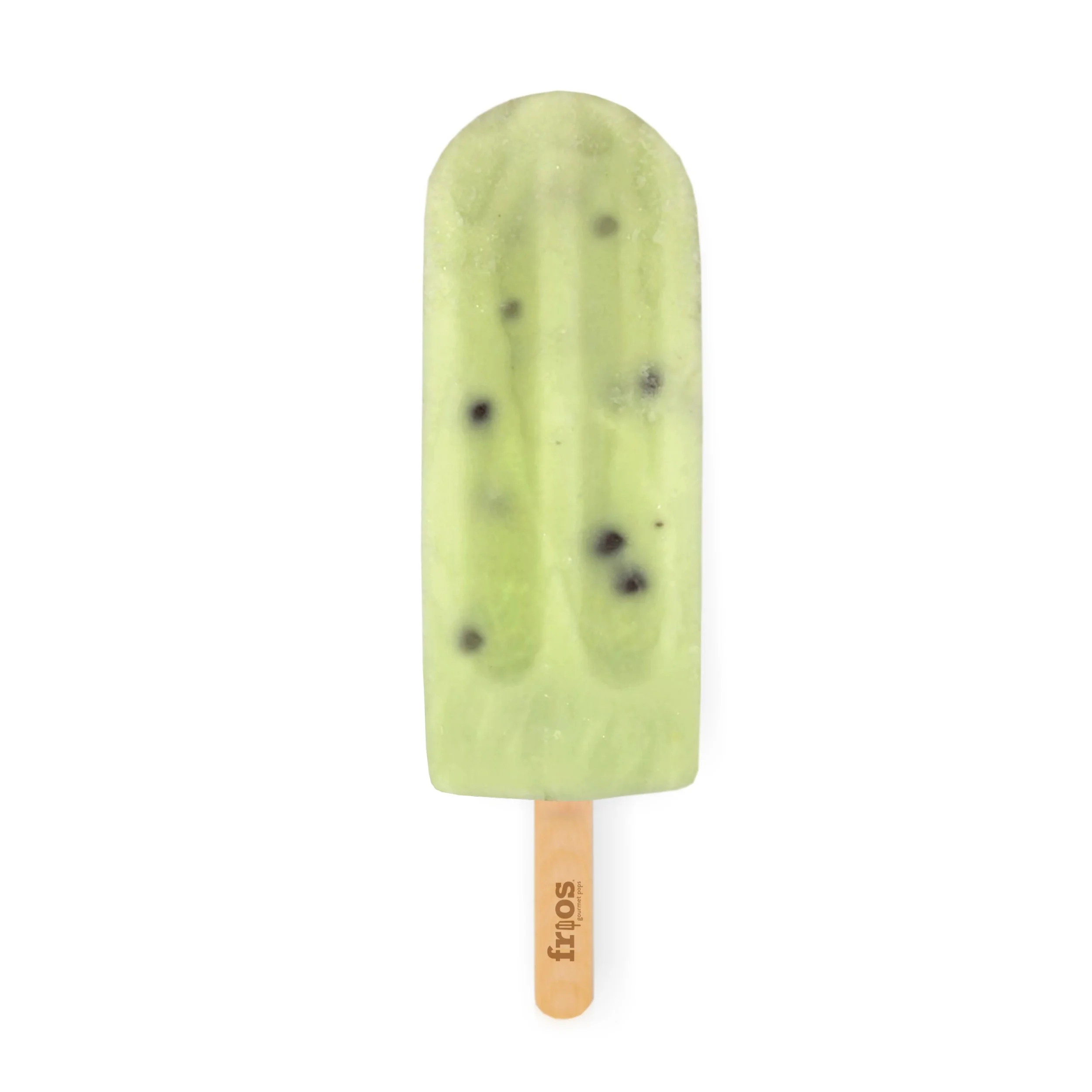 Green kiwi-flavored popsicle with black seeds on a white background.