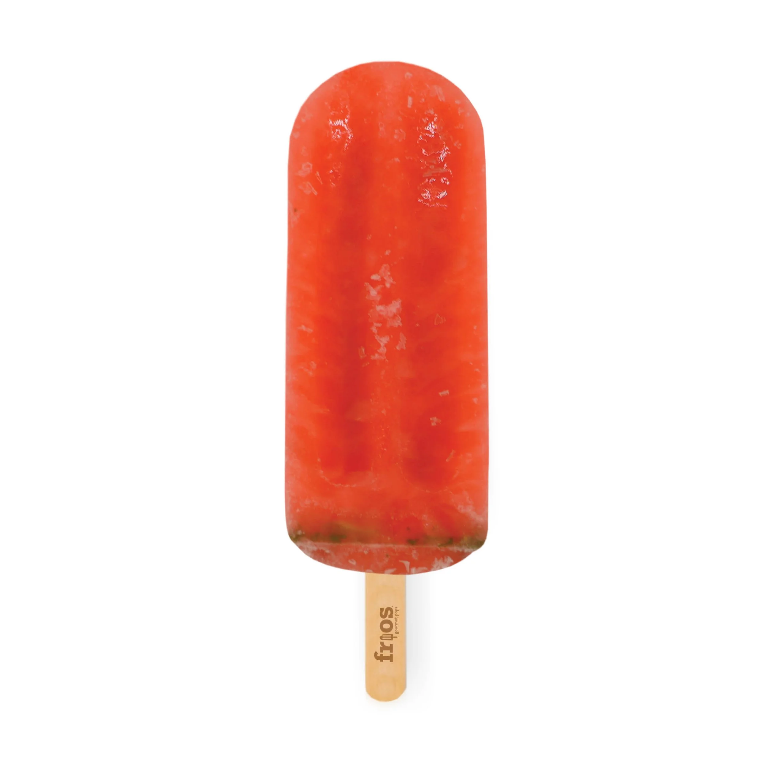 Red watermelon-flavored popsicle on a wooden stick with the word 'fresh' printed on it.