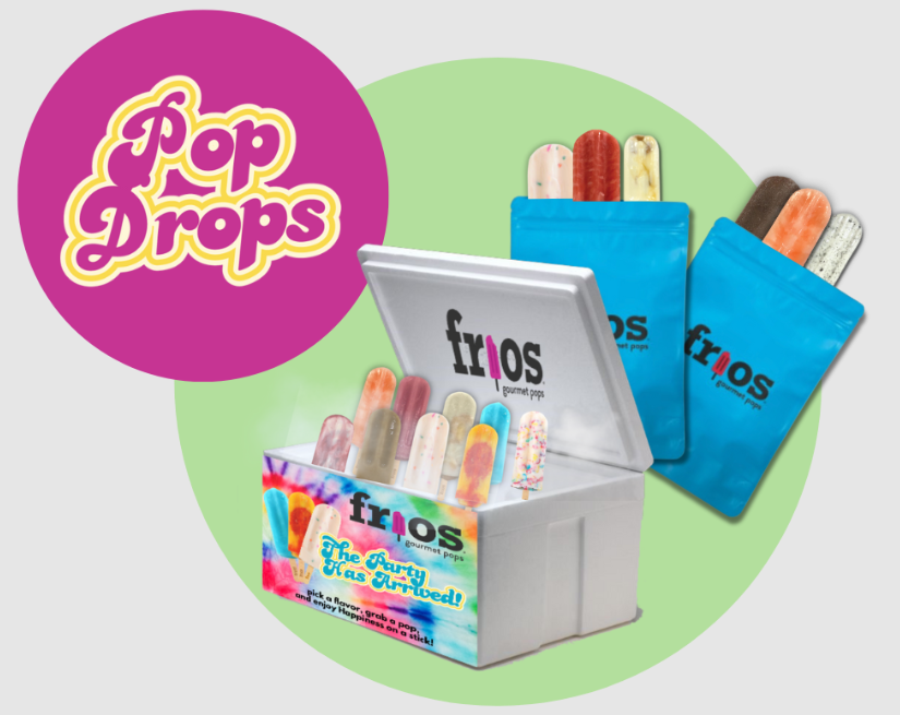 Gourmet popsicles in colorful packaging, with a branded box and blue pouches labeled 'frios'.