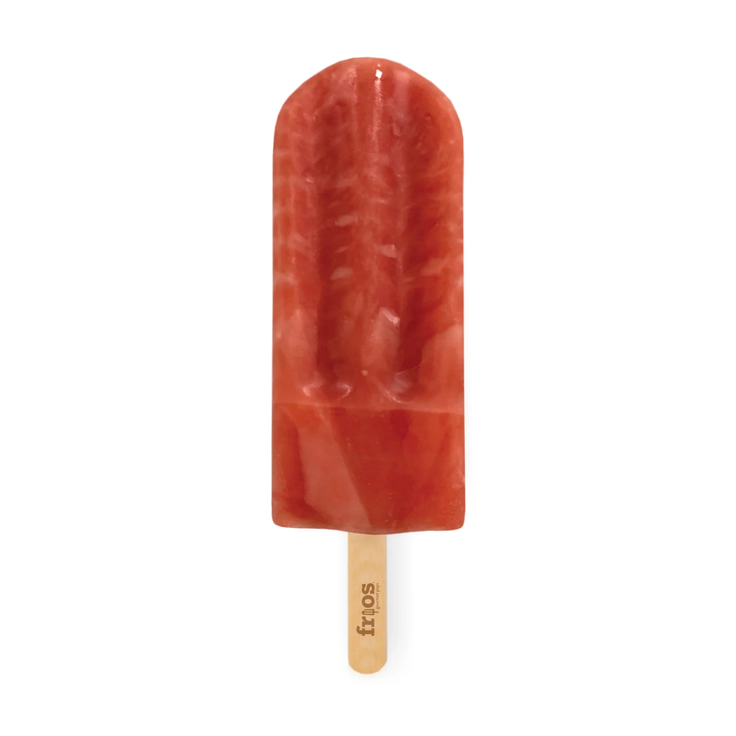 Red, orange, and pink swirled popsicle on a wooden stick