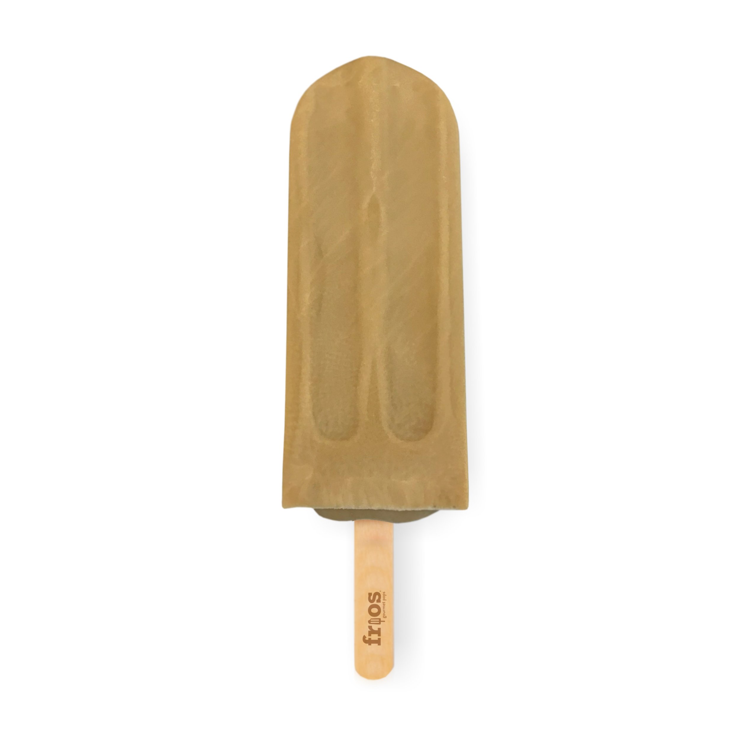 A vanilla ice cream popsicle with a wooden stick label that says 'fros' on a white background.