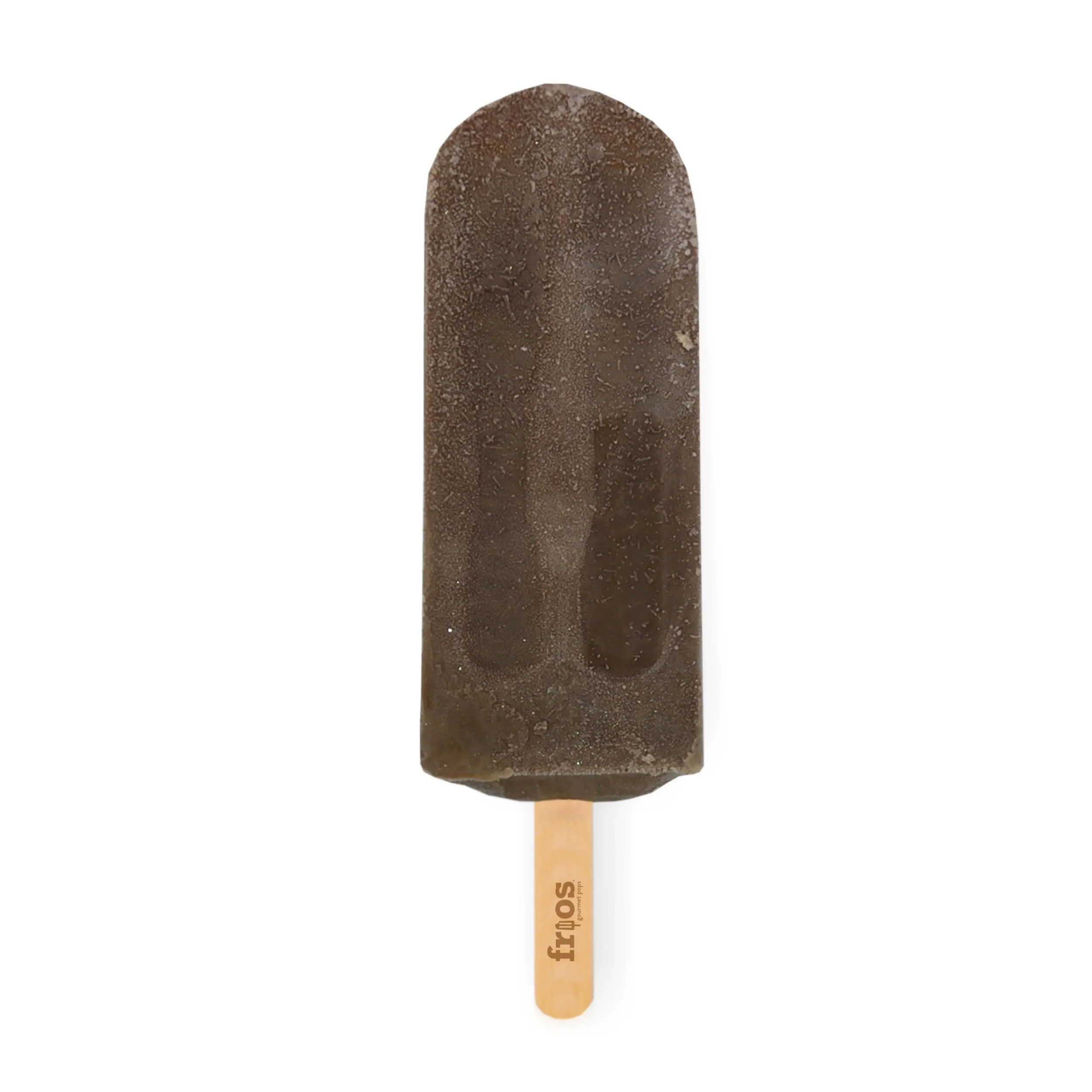 Chocolate ice cream on a wooden popsicle stick with the brand name 'Fripos' visible.