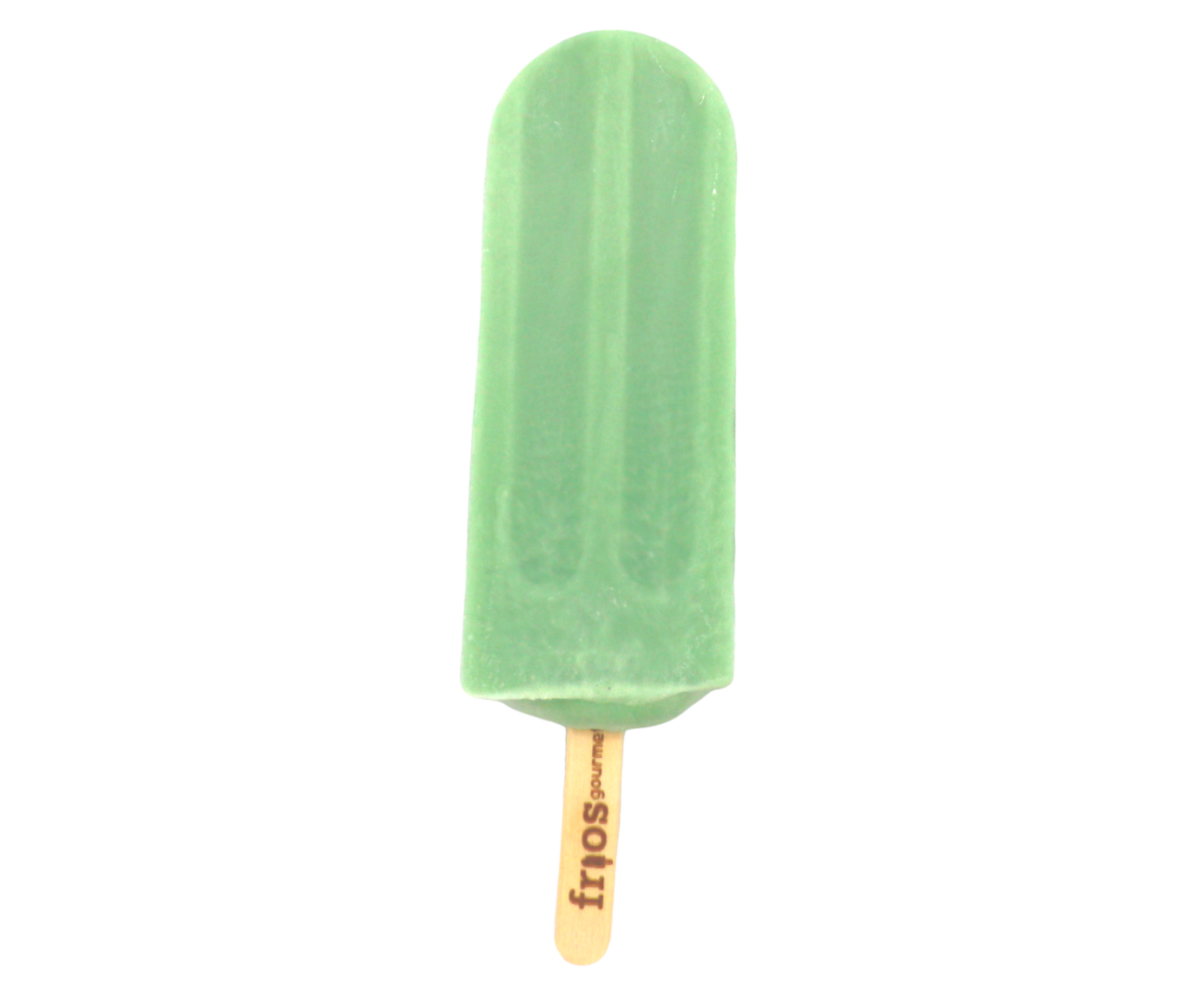 A green vanilla popsicle with a wooden stick labeled "frons".