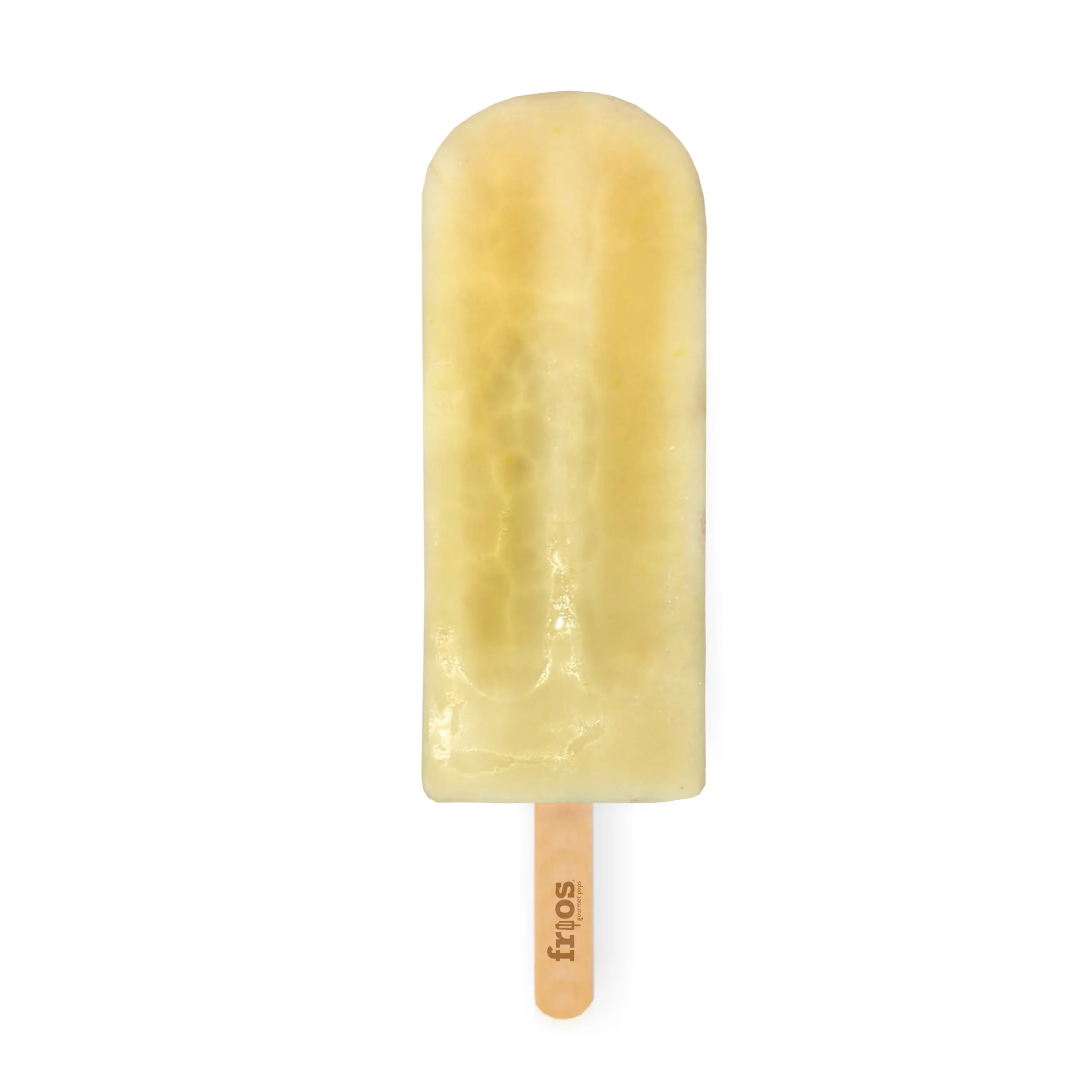 A yellow banana-flavored popsicle on a wooden stick with the brand name 'Frijos' printed on it.