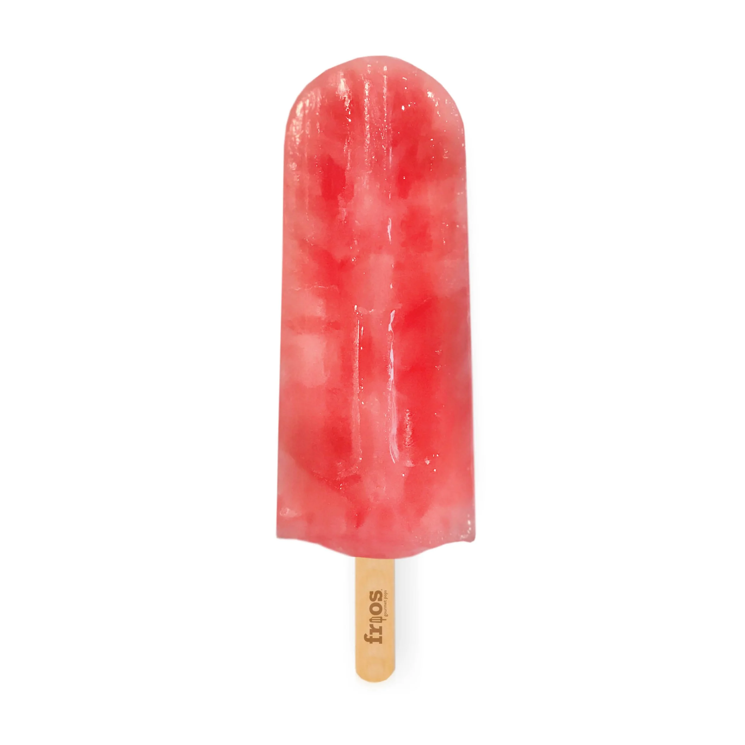 Pink watermelon-flavored popsicle on a wooden stick with white background.