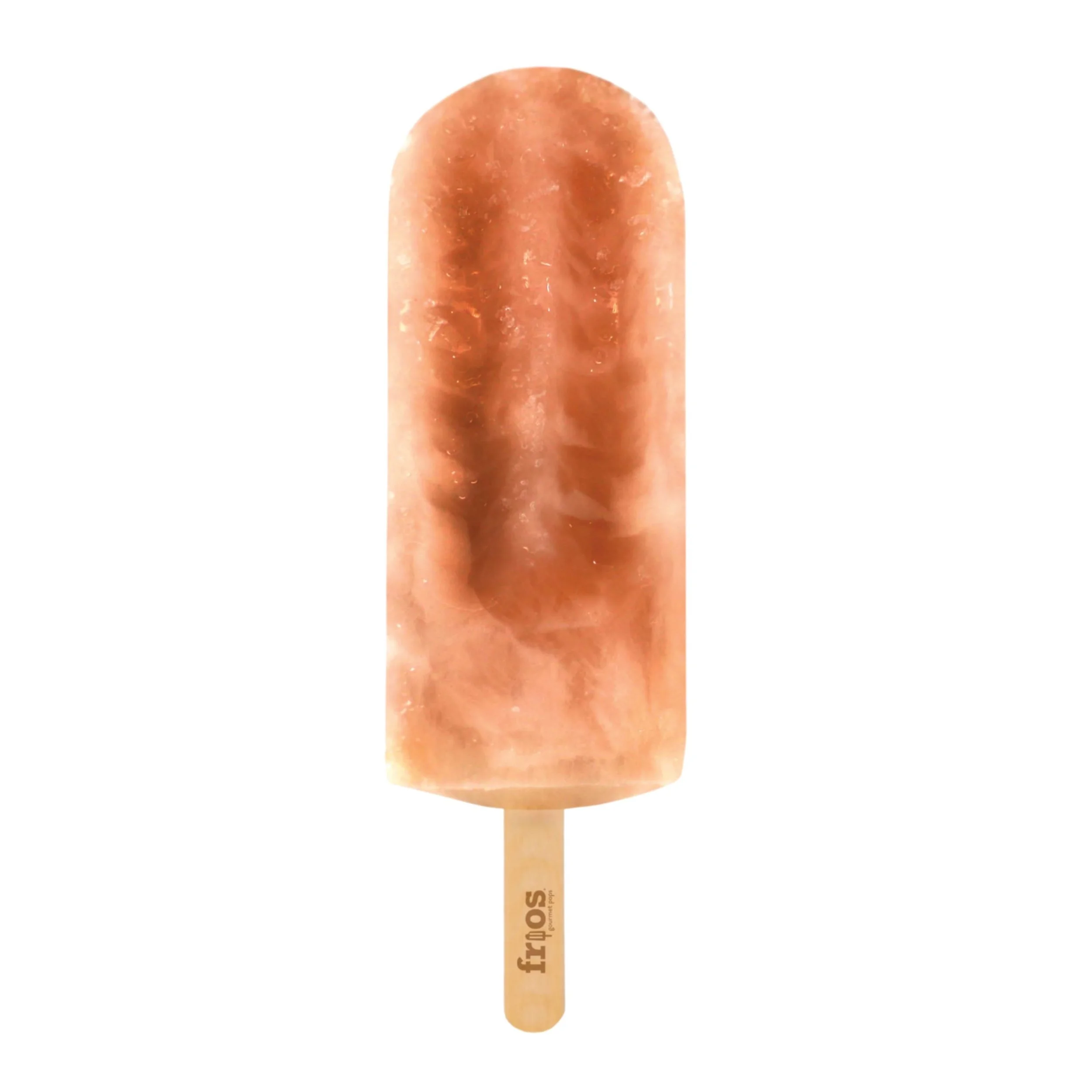A peach-flavored popsicle with a realistic peach design on the surface, mounted on a wooden stick labeled 'frios'.