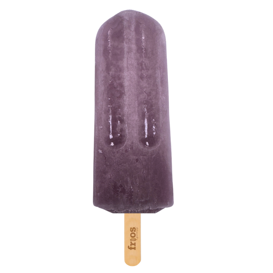A purple ice popsicle with a wooden stick labeled 'froz'.