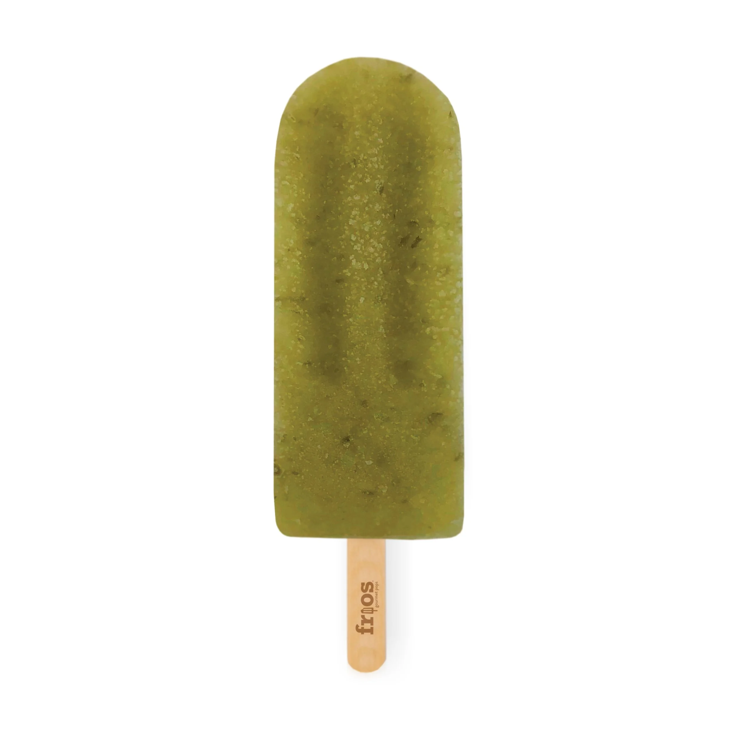 Green popsicle with a wooden stick that has 'fros' logo on it.