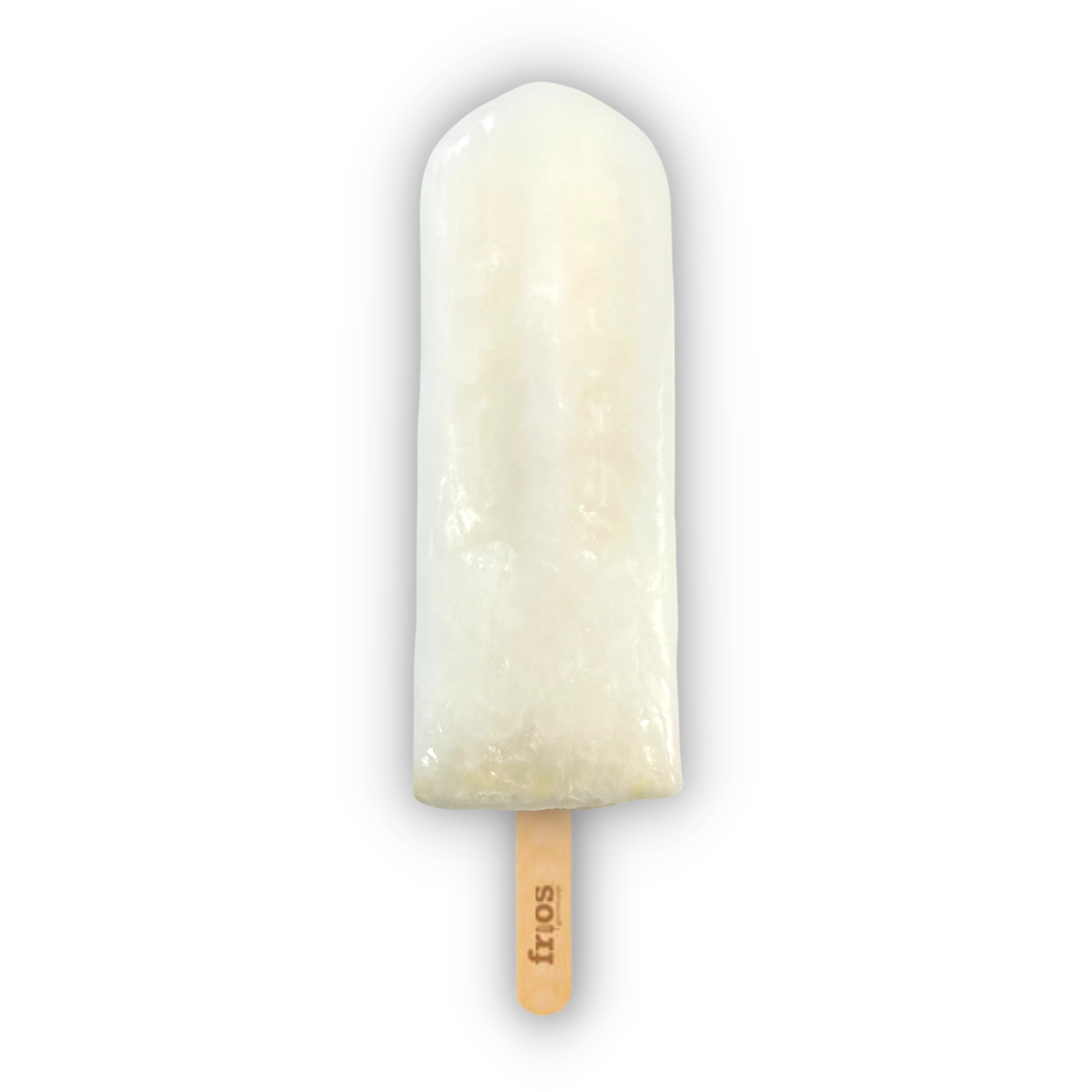 A white popsicle with a wooden stick against a black background.