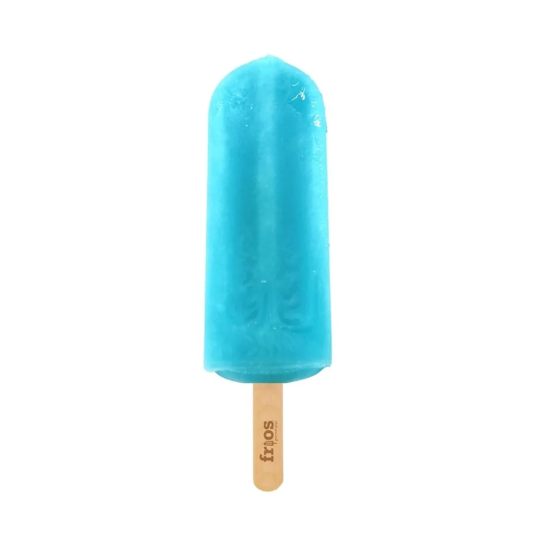 Blue ice cream popsicle on a wooden stick with the brand name 'Frosts' printed on it, isolated on a white background.