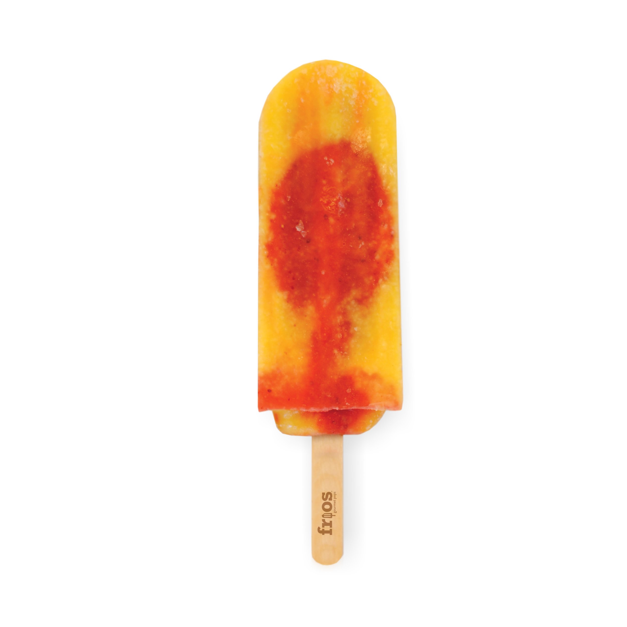 Fruos brand frozen popsicle with yellow and red colors, on a wooden stick.