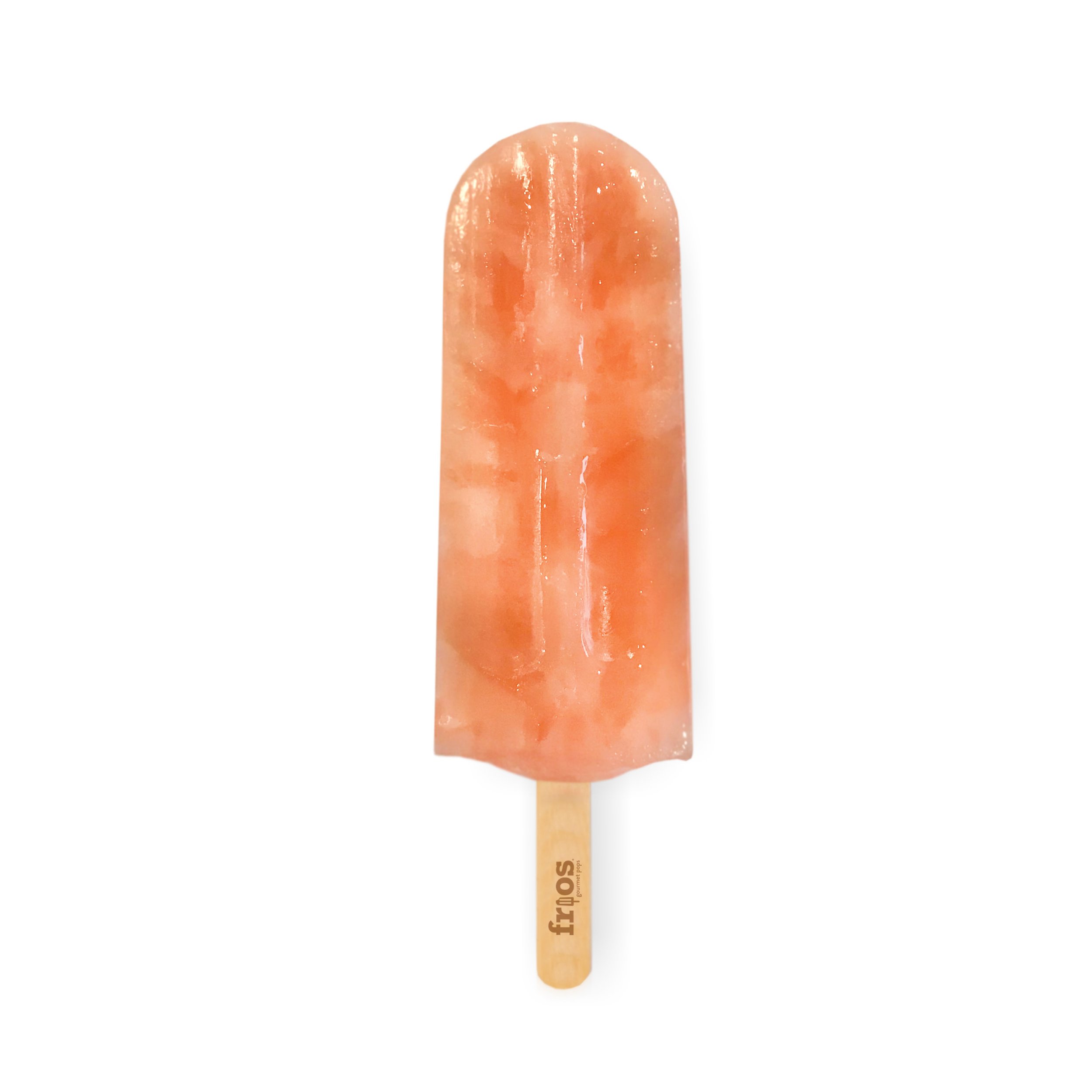 Salmon-colored popsicle on a wooden stick with the brand name 'Frost' visible