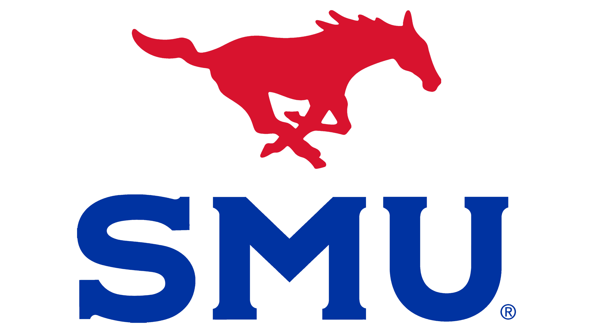 The logo of SMU (Southern Methodist University) features a red Mustang horse above the name with a large blue 'SMU' text underneath.