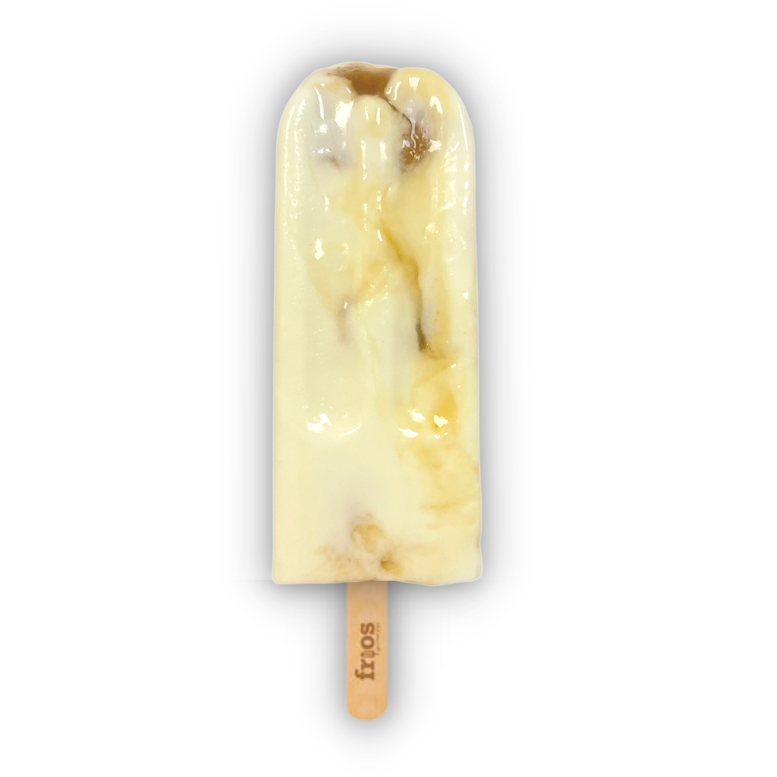 Banana ice cream bar with caramel swirls on a black background.