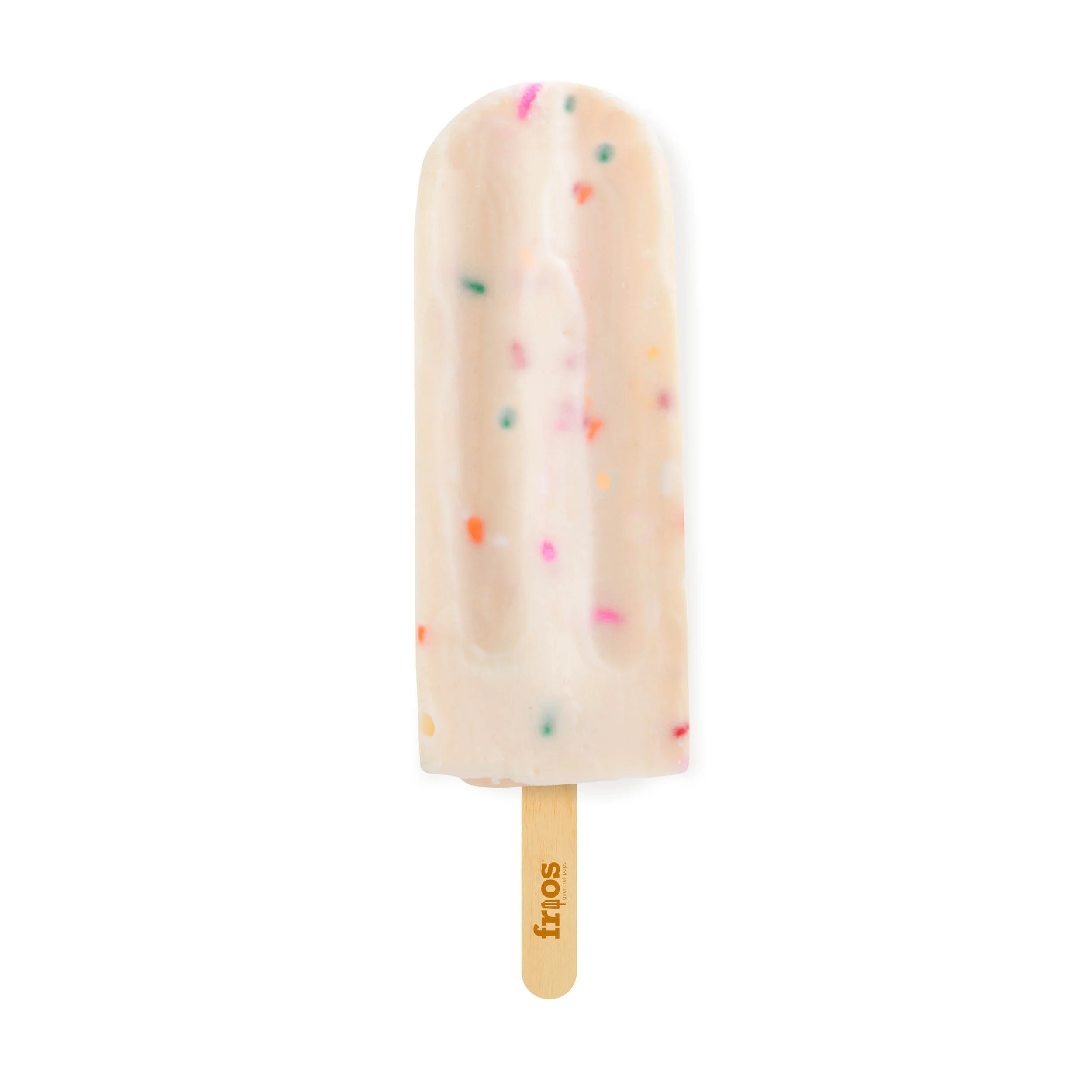 Cream-colored popsicle with multicolored sprinkles on a wooden stick.