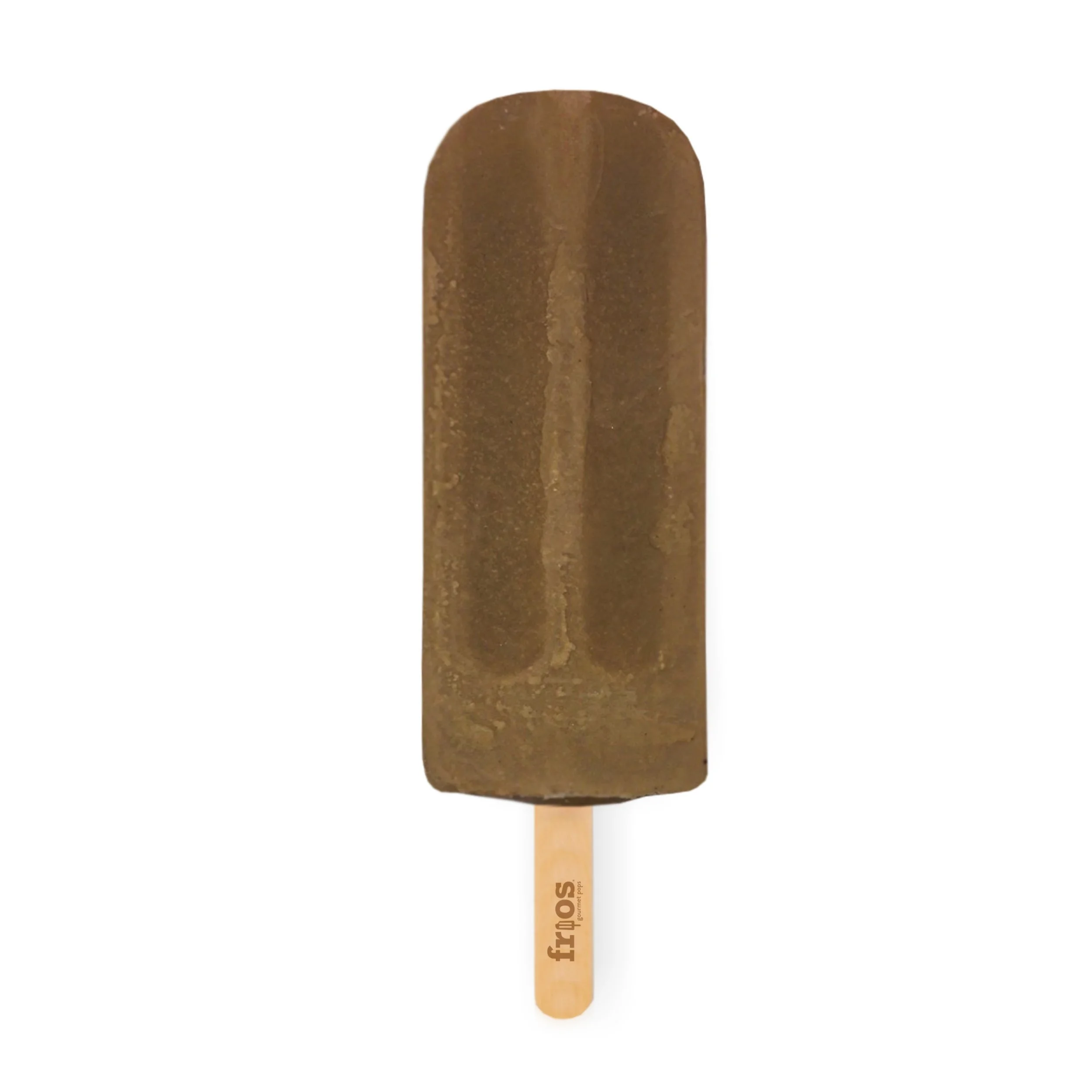 Chocolate ice cream bar on a wooden stick with the brand name 'frios' printed on it