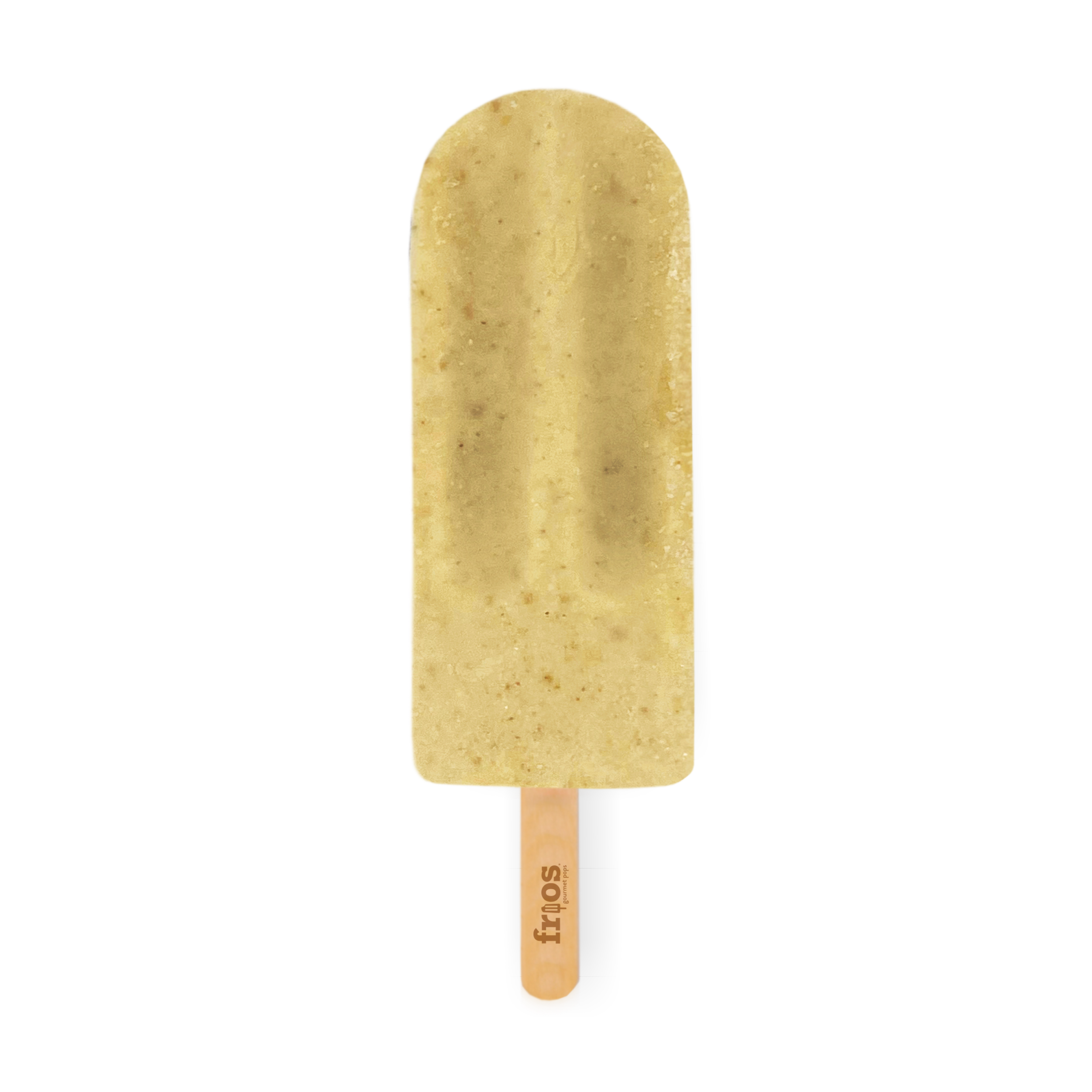 A yellow banana-flavored popsicle with a wooden stick labeled 'Froos.'