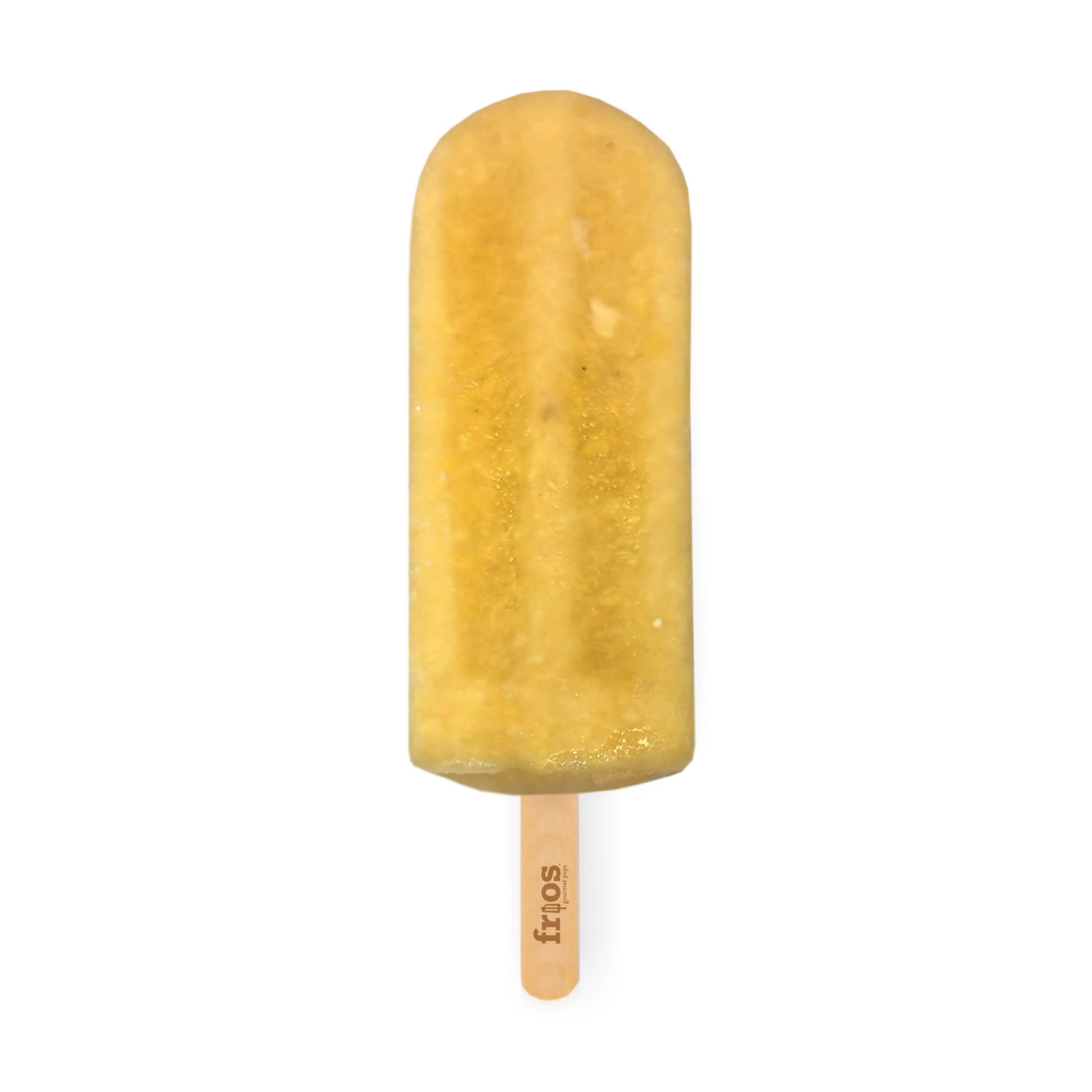Yellow popsicle with a wooden stick labeled 'fros' on a white background.