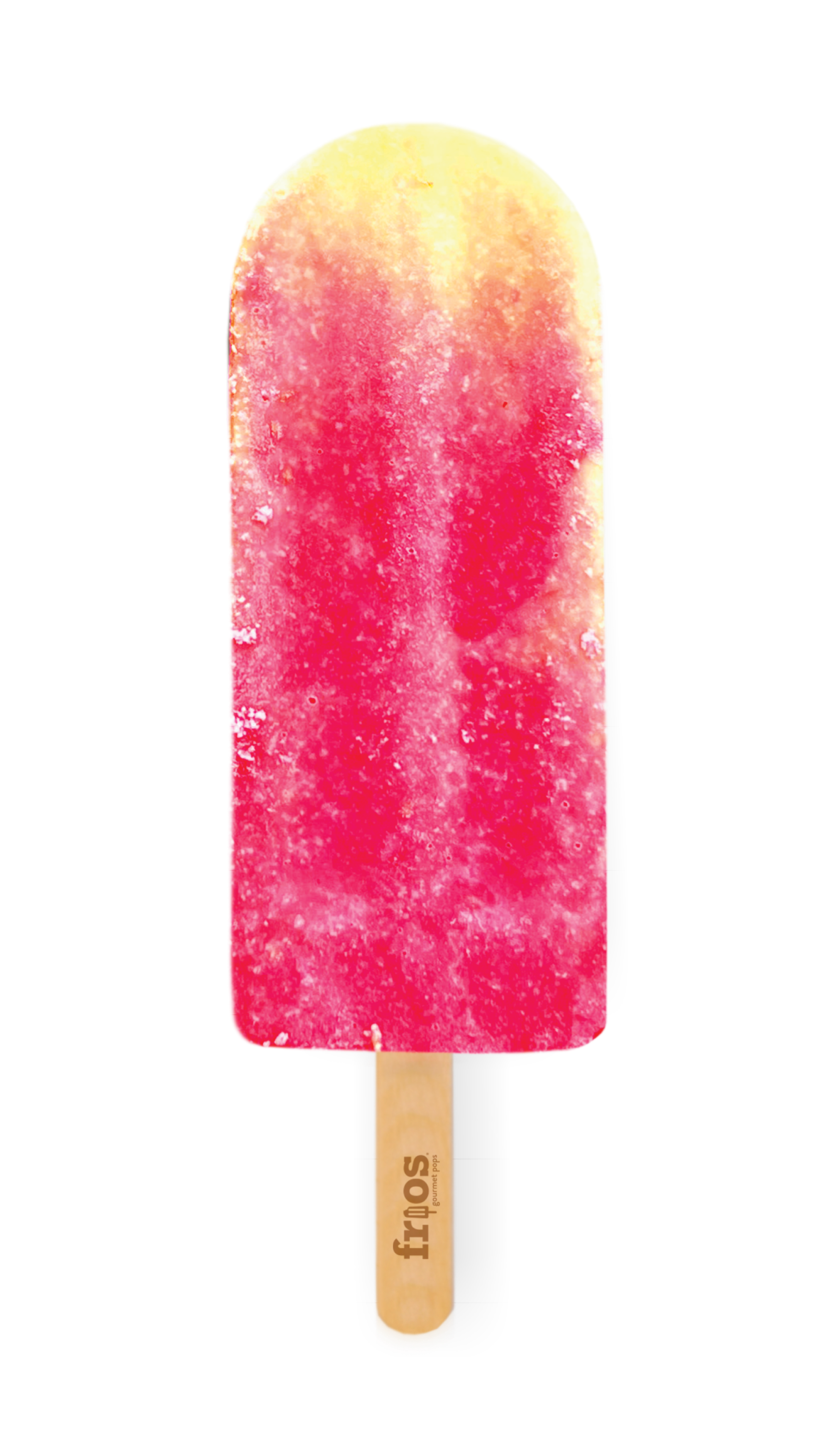 Close-up of a pink popsicle with a yellow top and a wooden stick labeled 'frafos' on a black background.
