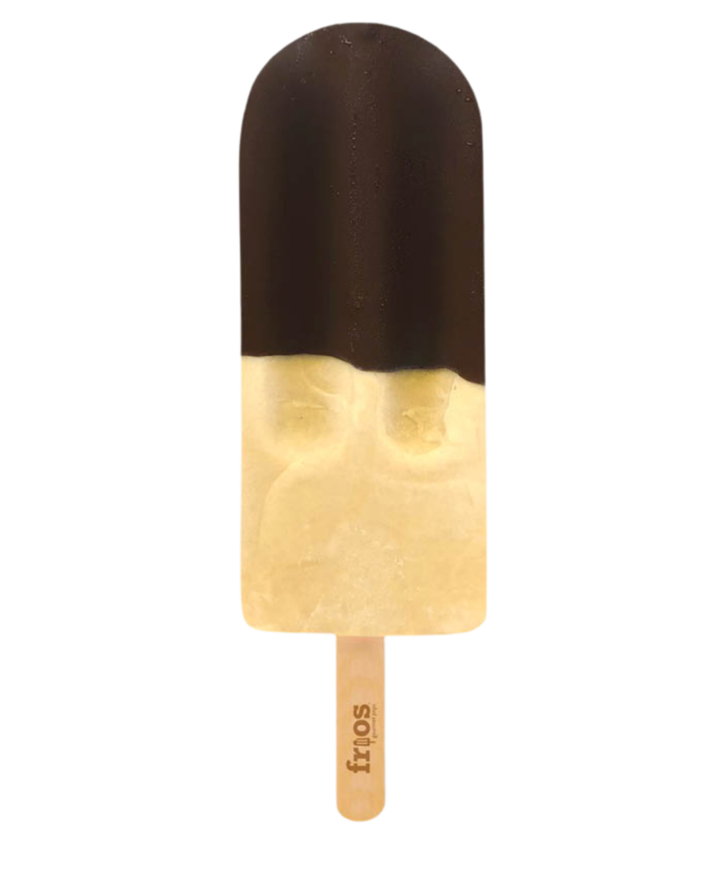 A half chocolate and vanilla ice cream popsicle on a wooden stick with the brand name "Fronte" visible.