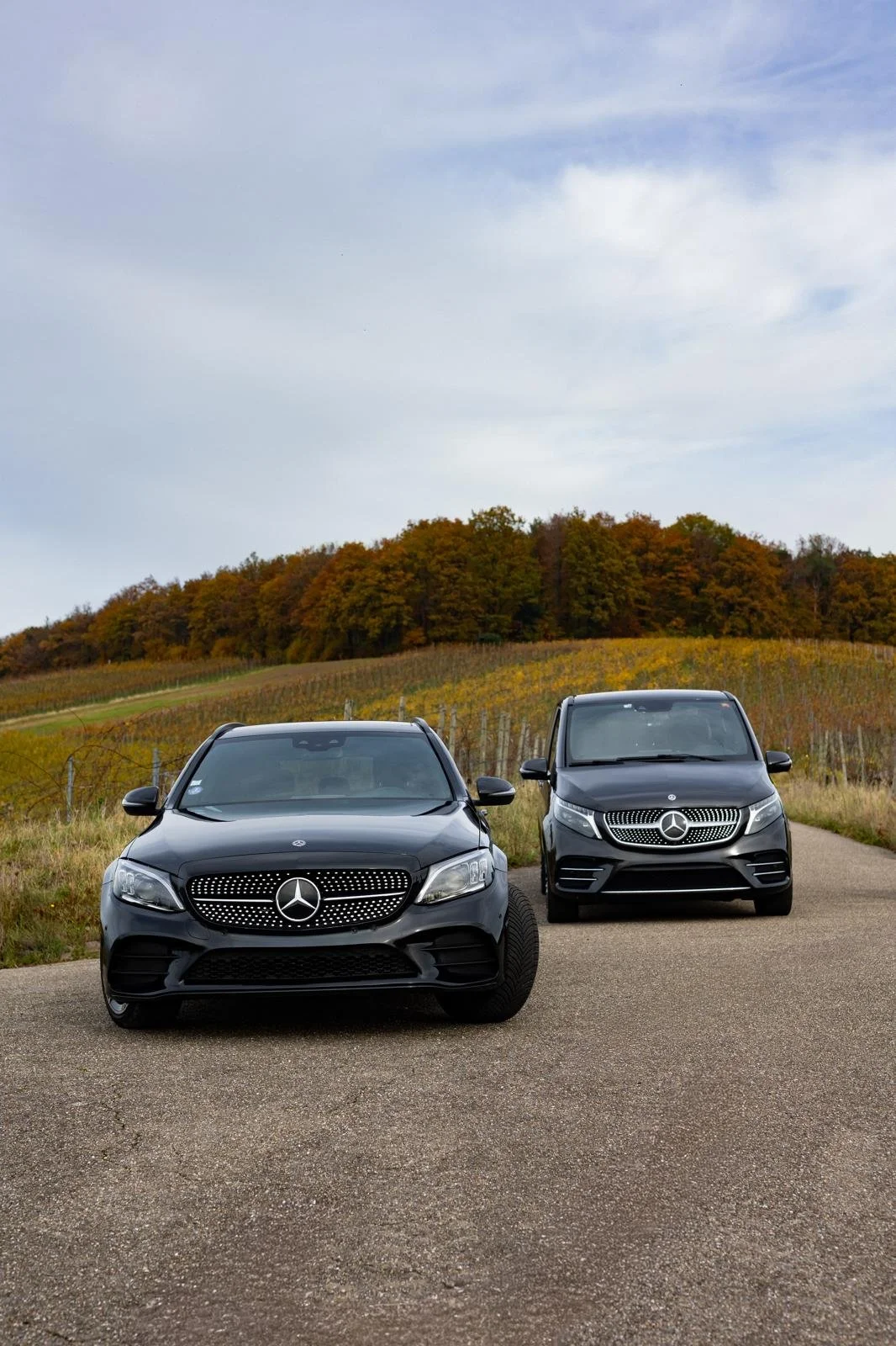 Two black Mercedes-Benz cars parked on a road near a vineyard with rolling hills and autumn trees in the background.