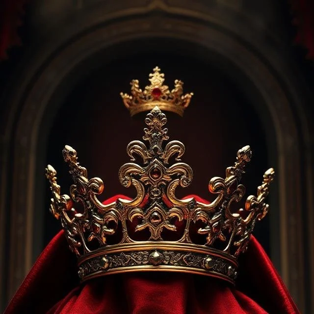 A golden crown with intricate designs and red gemstones is placed on a red velvet cloth, with a smaller gold crown positioned above it.