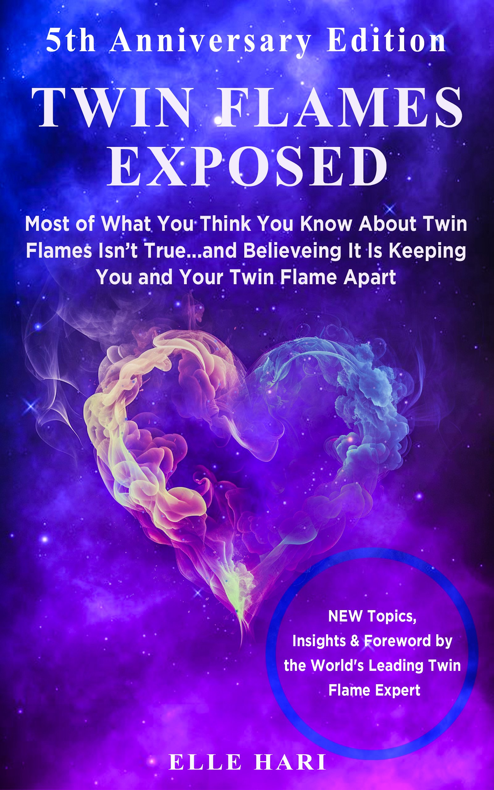 Book cover titled '5th Anniversary Edition Twin Flames Exposed' by Elle Hari. The cover features a purple, starry background with a glowing heart-shaped smoke or flame in the center.