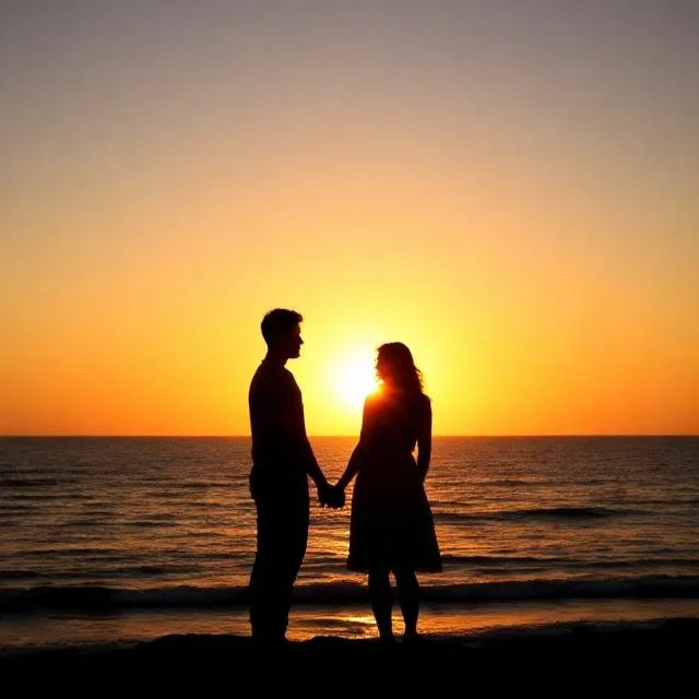 Silhouette of a couple holding hands on the beach during sunset.