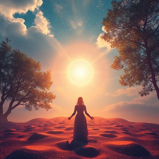 A woman standing on a sandy landscape with scattered footprints, flanked by two trees, gazing at the bright sun in a partly cloudy sky during sunset or sunrise.