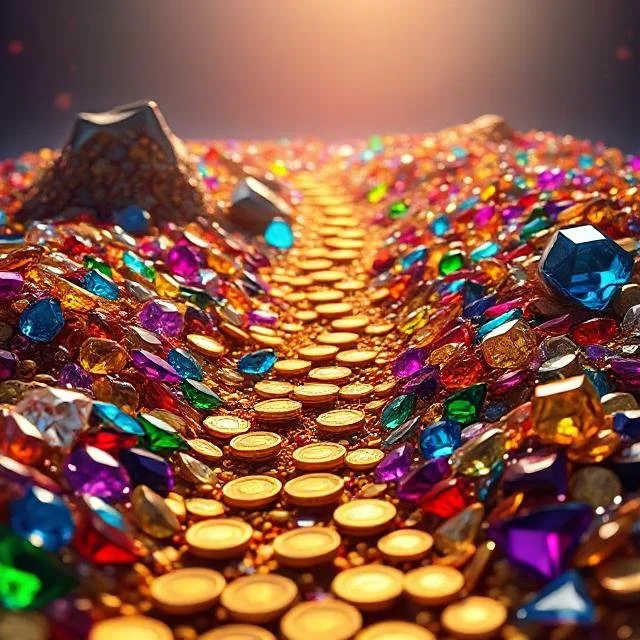 A colorful, sparkling celebration cake decorated with multicolored gemstones and gold coins made of candy, with a glowing light shining down on it.