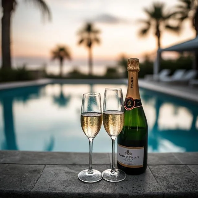 Two glasses of champagne with a bottle beside them, set on a poolside ledge at sunset, with palm trees and a pool in the background.