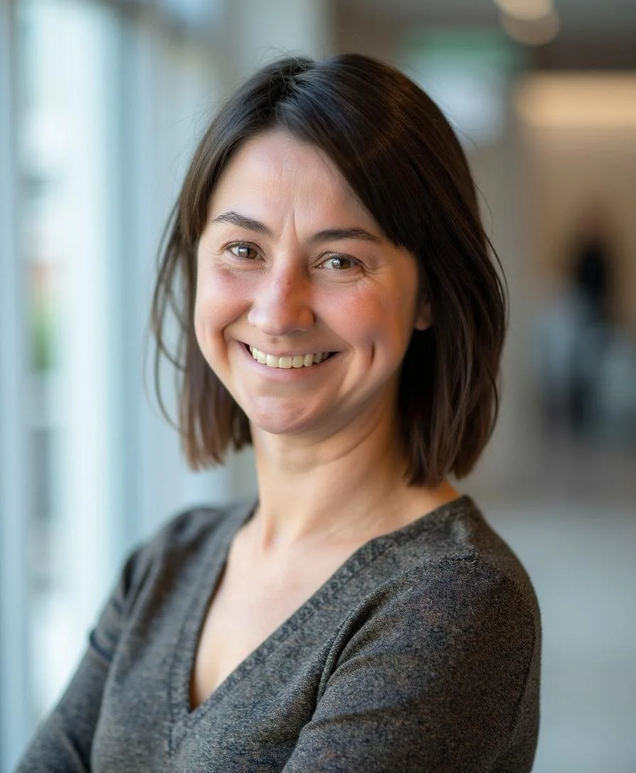 Smiling woman with short dark hair standing indoors near a window.