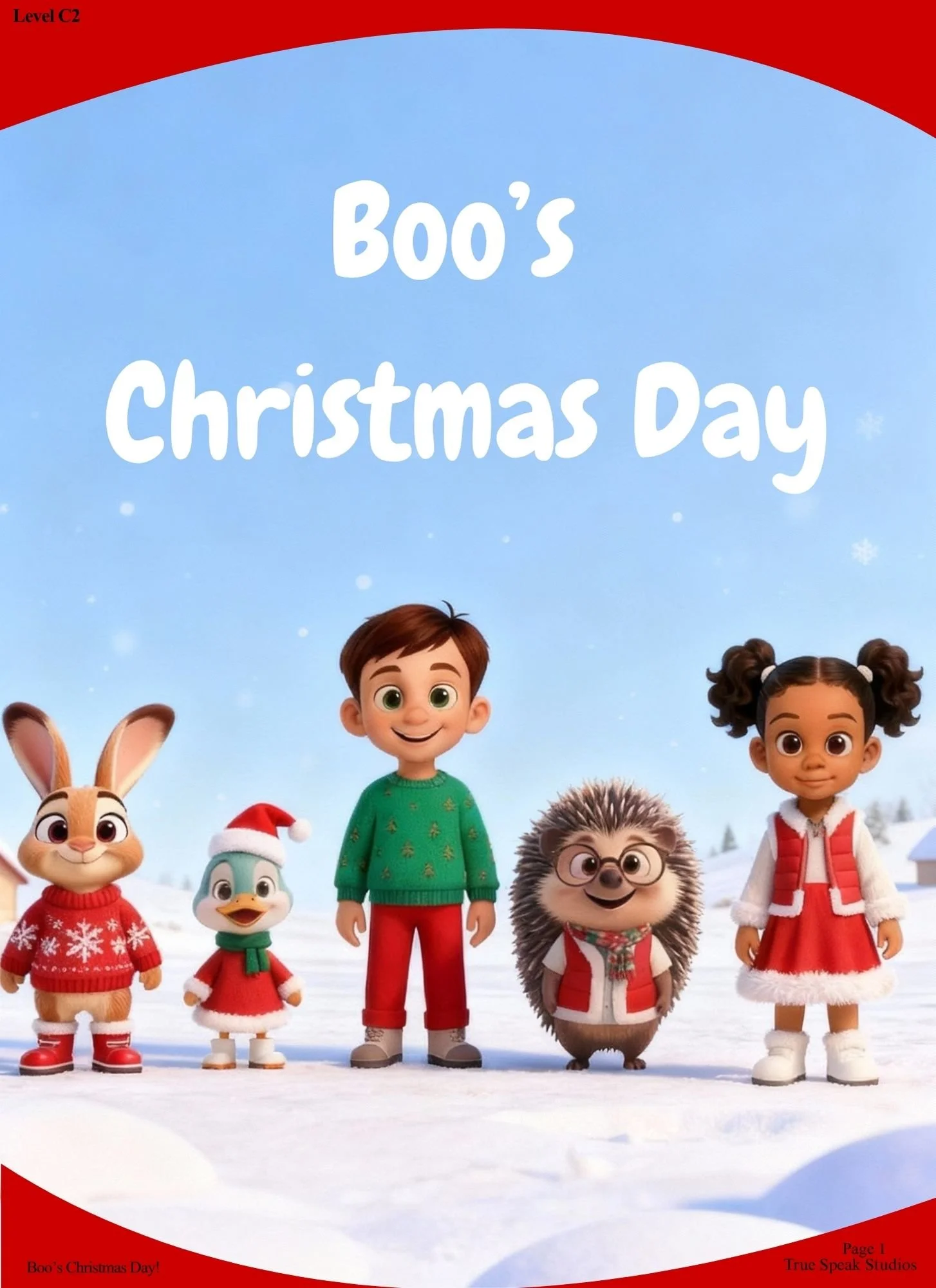 Cover of Boo's Christmas Day book showing five animated characters in a snowy landscape with a blue sky, including a rabbit, duck, boy, hedgehog, and girl, dressed in Christmas attire.