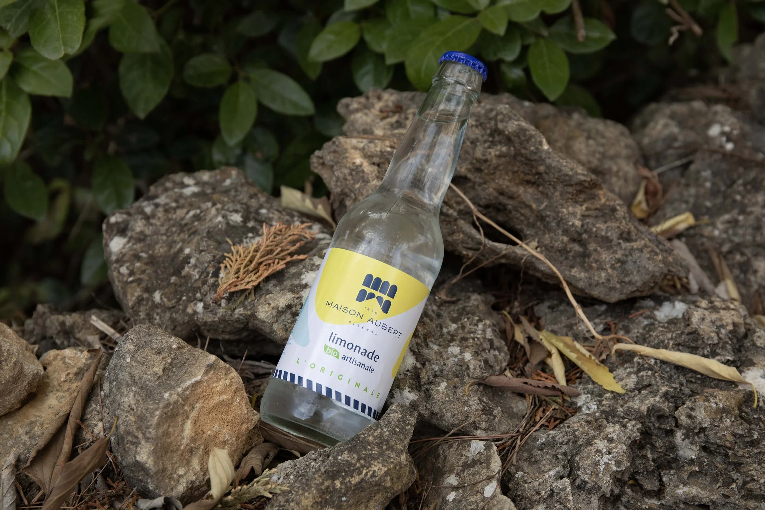 Une bouteille de limonade artisanale Maison Aubert repose sur des rochers.