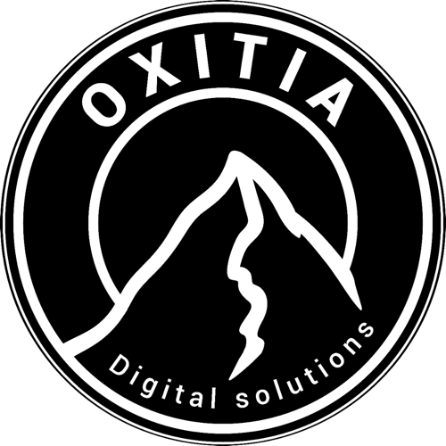 Logo circulaire avec un sommet de montagne stylisé au centre, entouré du texte "OXXITA" en haut et "Digital solutions" en bas.