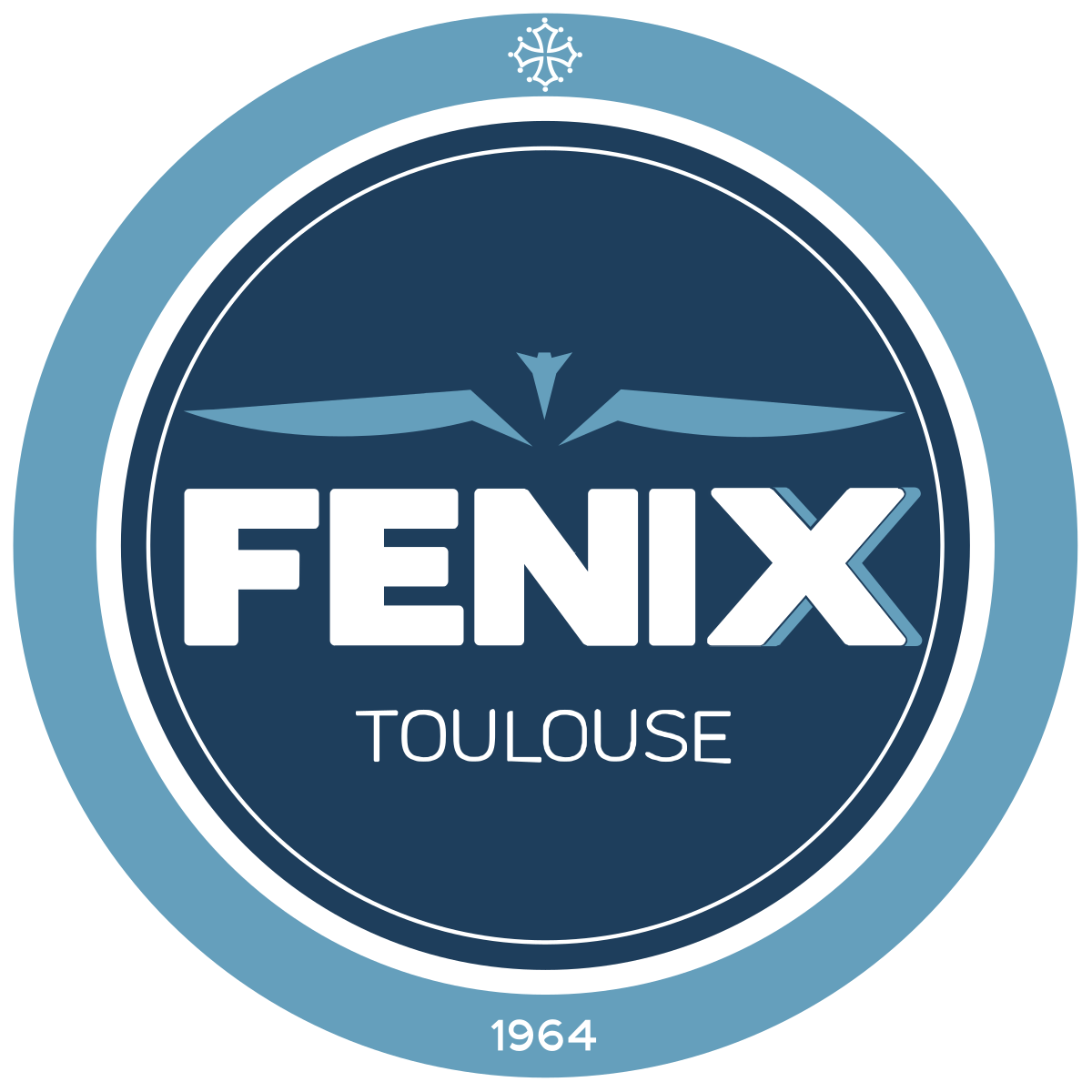 Logo circulaire avec un oiseau stylisé, le texte 'FENIX' en lettres majuscules et 'TOULOUSE' en dessous, année 1964 en bas, fond bleu foncé avec un cercle extérieur bleu clair.