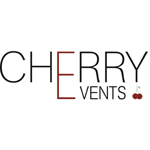 Logo de 'Cherry Events' avec le nom stylisé, une cerise avec une feuille verte à la fin du mot 'Events'.