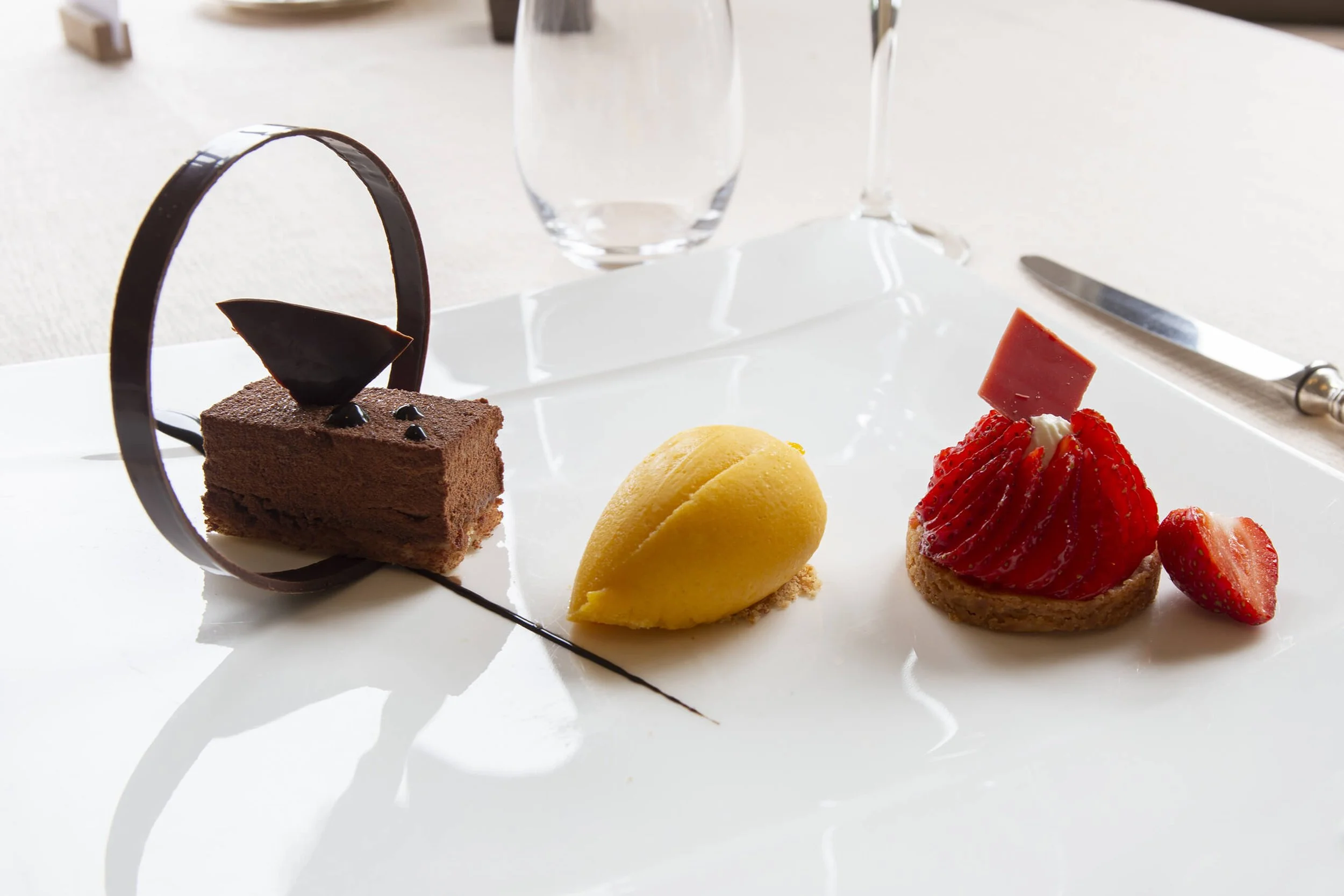 Un dessert artistique mettant en valeur le chocolat, le sorbet et les fruits frais, présenté avec élégance sur une assiette.