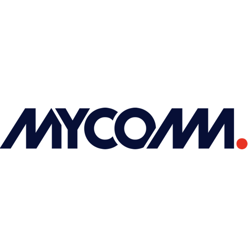 Logo de MYCOM avec le mot en majuscules bleues et un point rouge à droite