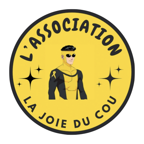 Logo circulaire avec un jeune homme en costume jaune et noir portant des lunettes de soleil, entouré du texte "L'ASSOCIATION LA JOIE DU COU" avec des étoiles dorées.