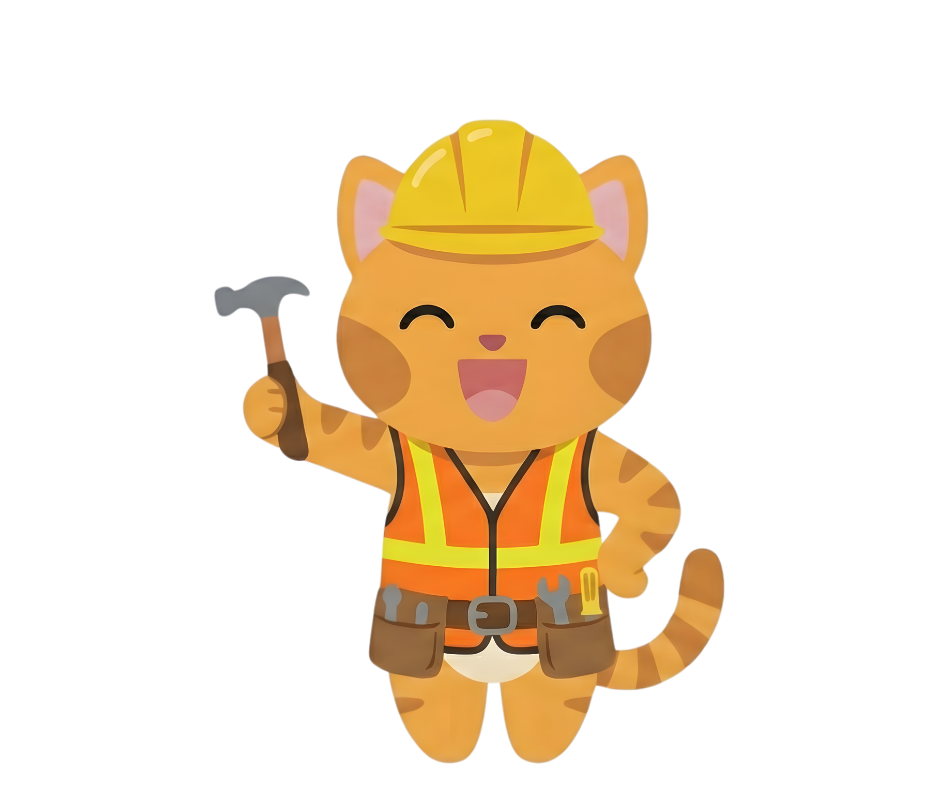 Cartoon tiger dressed as construction worker wearing a hard hat and a safety vest, holding a hammer and smiling.