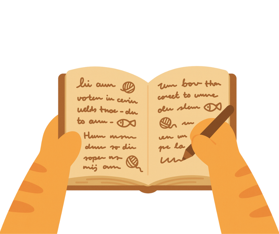 Drawing of hands writing in a notebook with a pen, page filled with handwritten text and small fish and yarn illustrations.